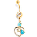Clear Blue Gem Gold Tone Tulip Heart Flower Dangle Belly Ring