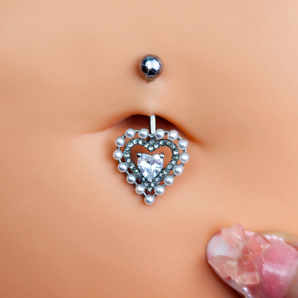 Clear CZ Gem Pearl Heart Belly Ring