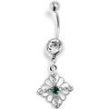 Clear Green Gem Filigree Cross Rhombus Dangle Belly Ring
