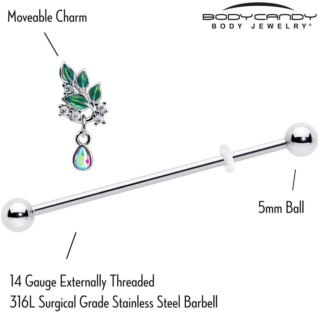 14G Aurora CZ Gem Morning Leaves Dangle Industrial Barbell 38mm