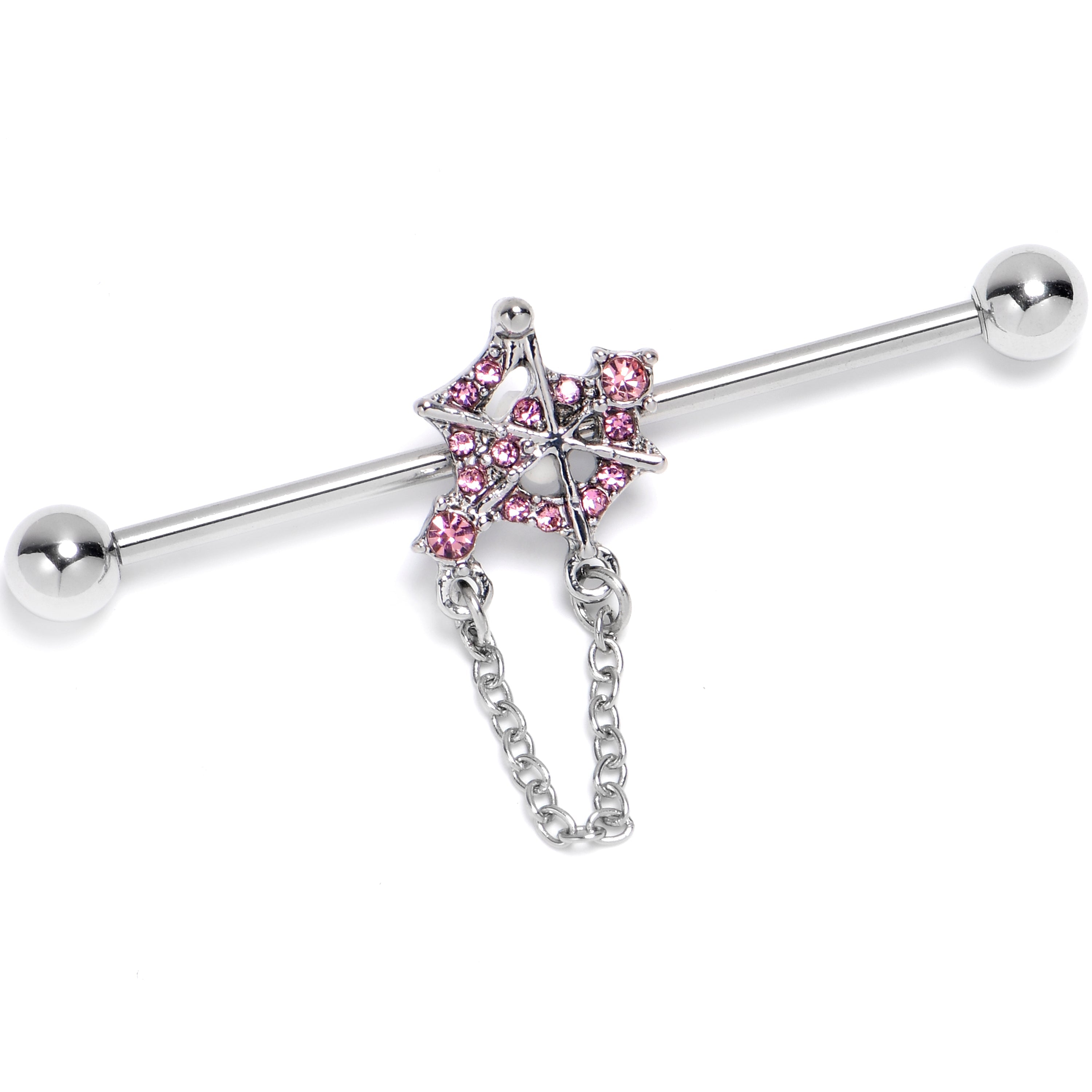 14G Pink Gem Spiderweb Chain Dangle Industrial Barbell 38mm