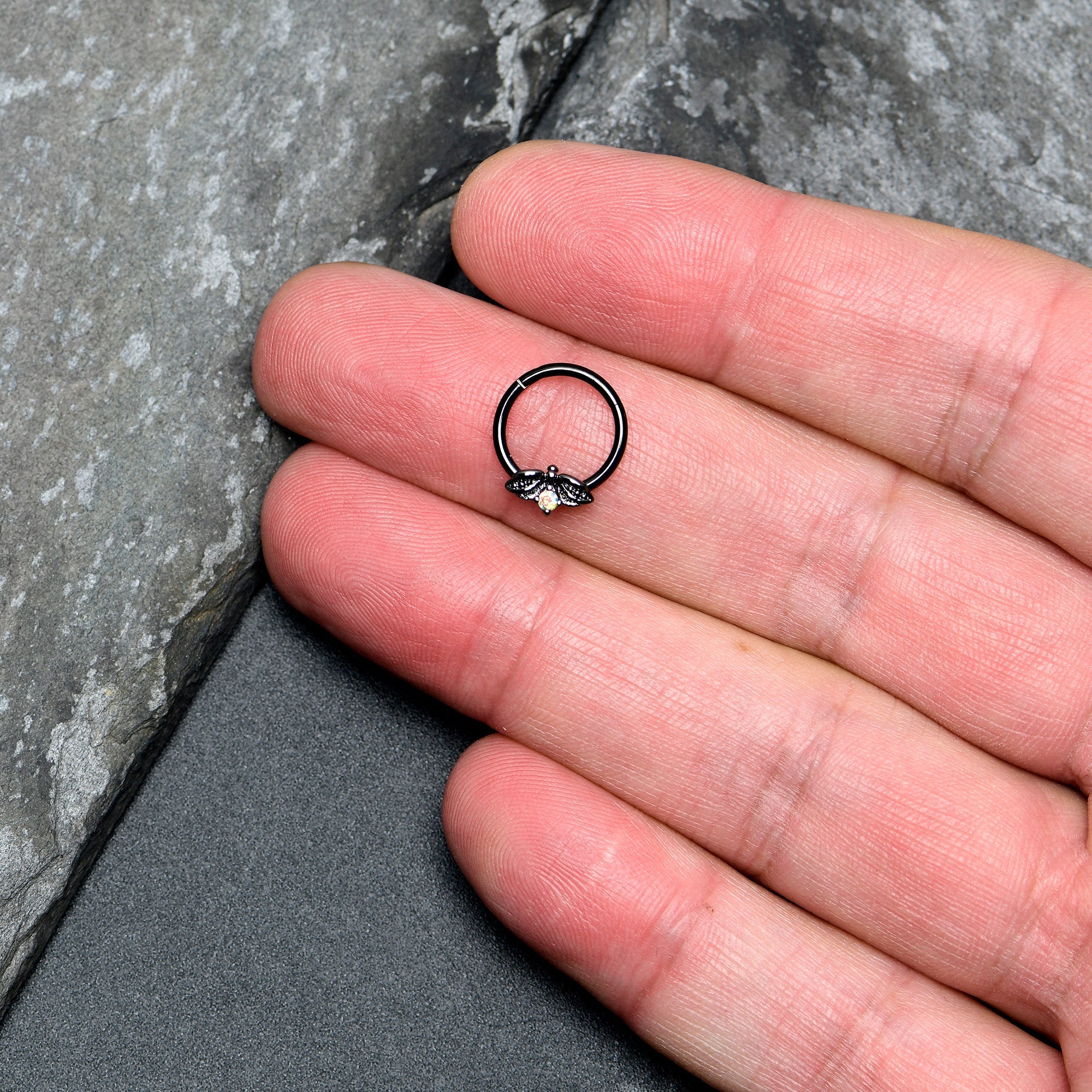 16G 3/8 Aurora Gem Black Beauty Bug Hinged Segment Ring