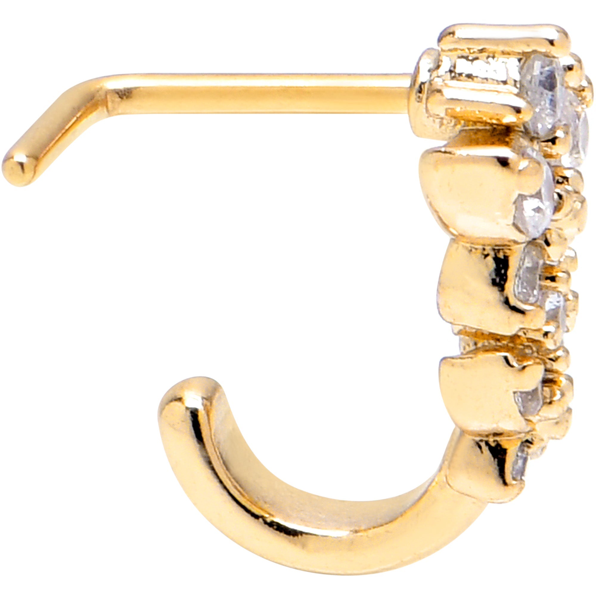 20G 7mm Clear Gem Gold Tone Flower Duo Faux Hoop L Shape Nose Ring