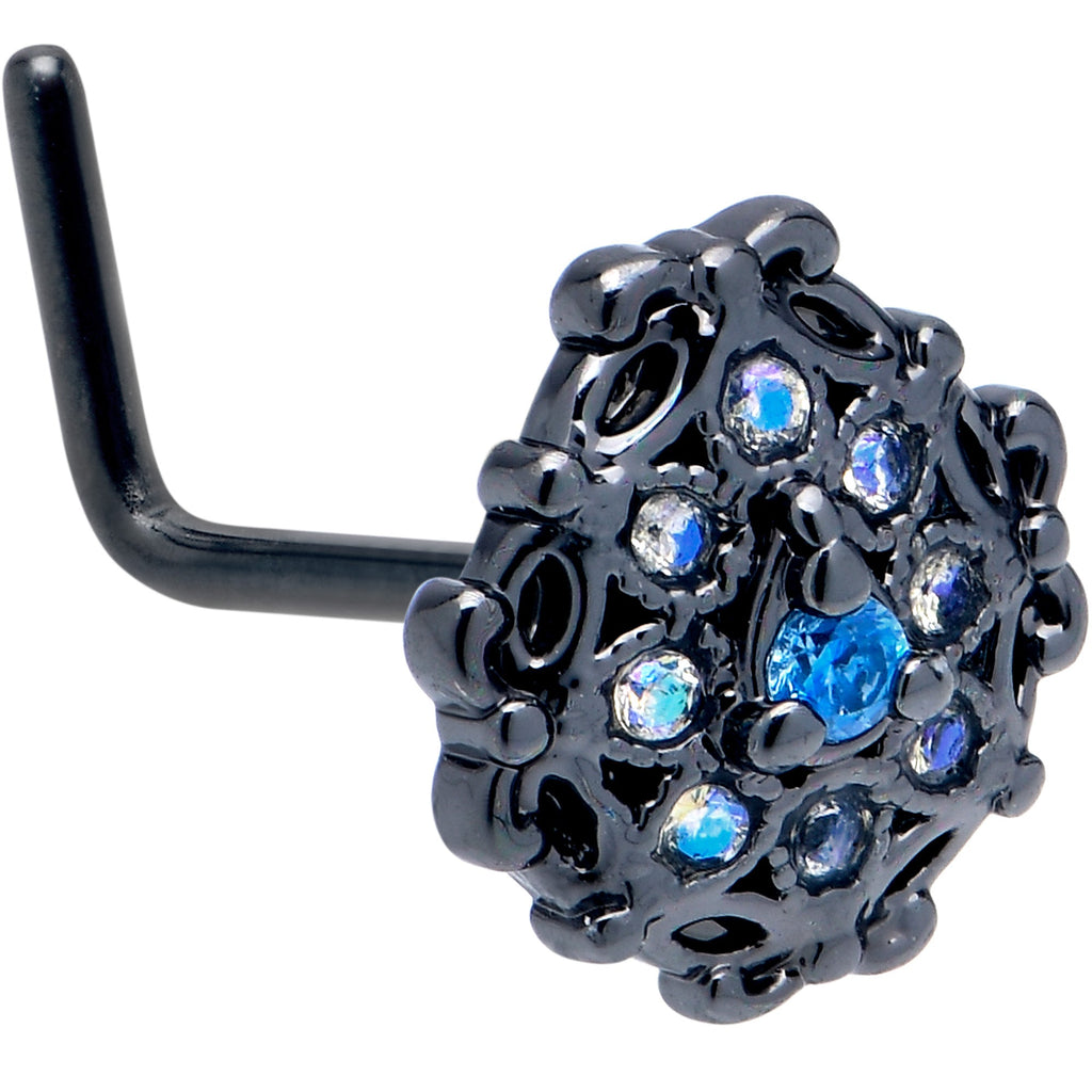 20G  7mm Blue Aurora Gem Black Night Blossom L Shape Nose Ring