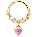 16G 3/8 Pink CZ Gem Gold Tone Love Heart Dangle Hinged Segment Ring