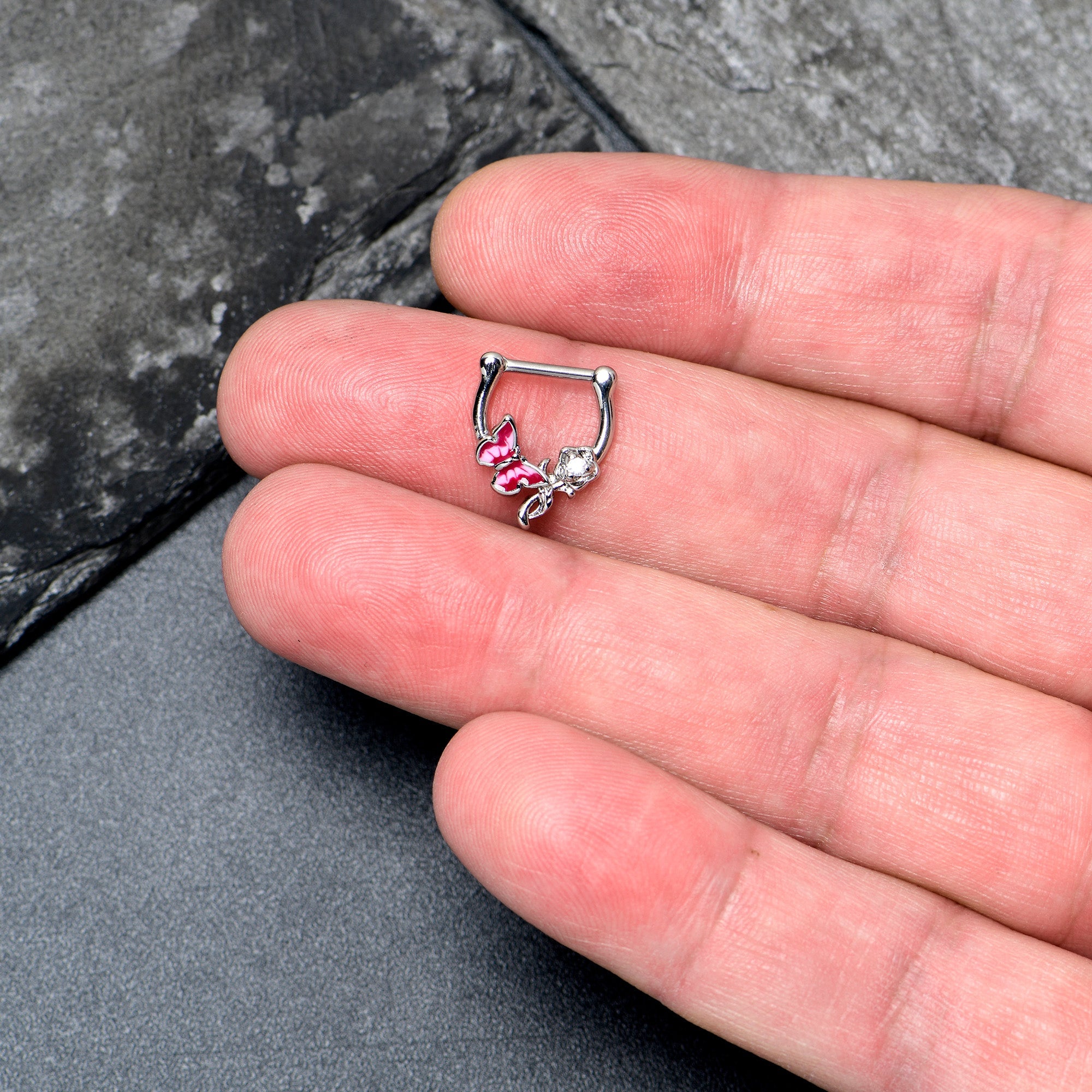 16G 5/6 Clear CZ Gem Butterfly Rose Flower Pink Cartilage Clicker