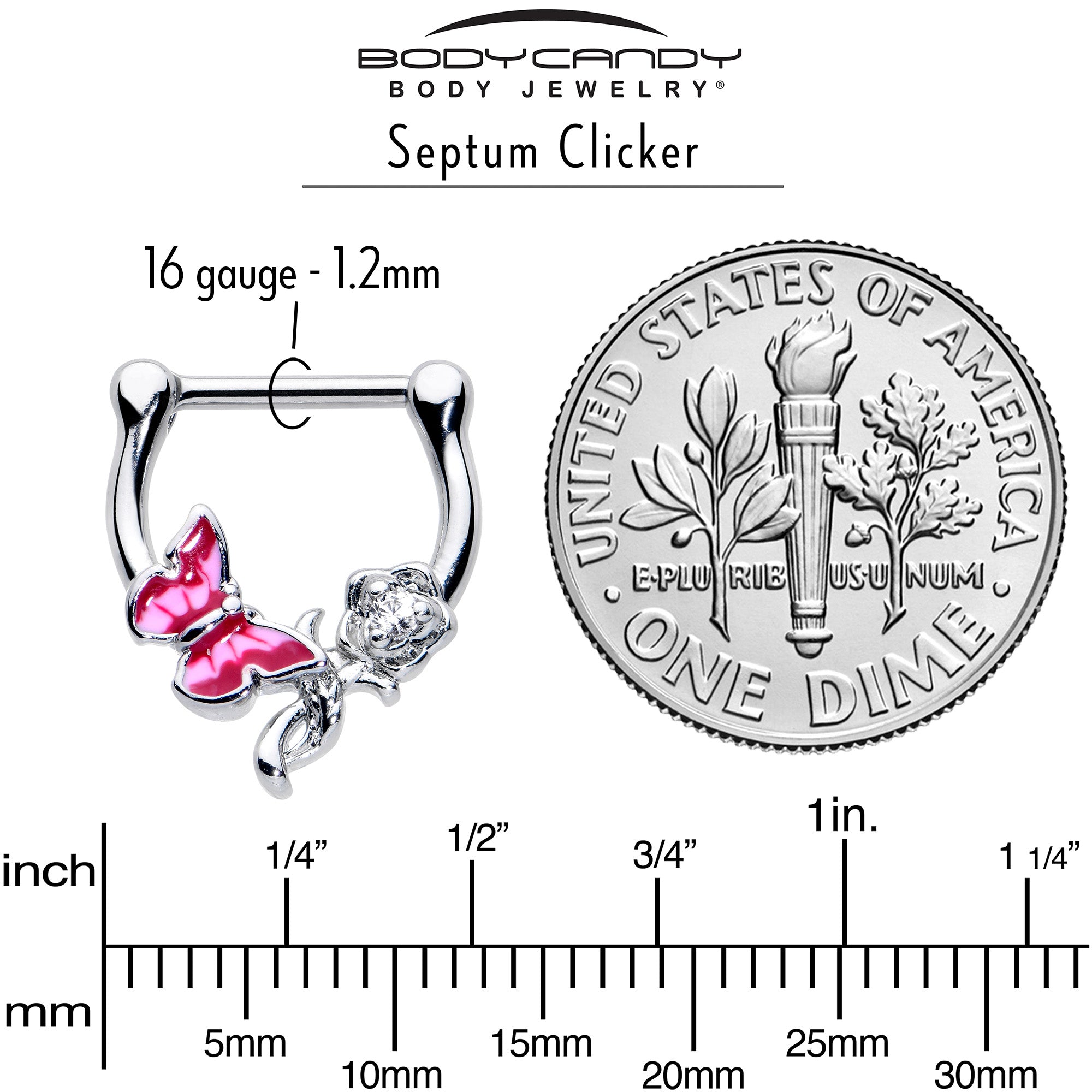 16G 5/6 Clear CZ Gem Butterfly Rose Flower Pink Cartilage Clicker