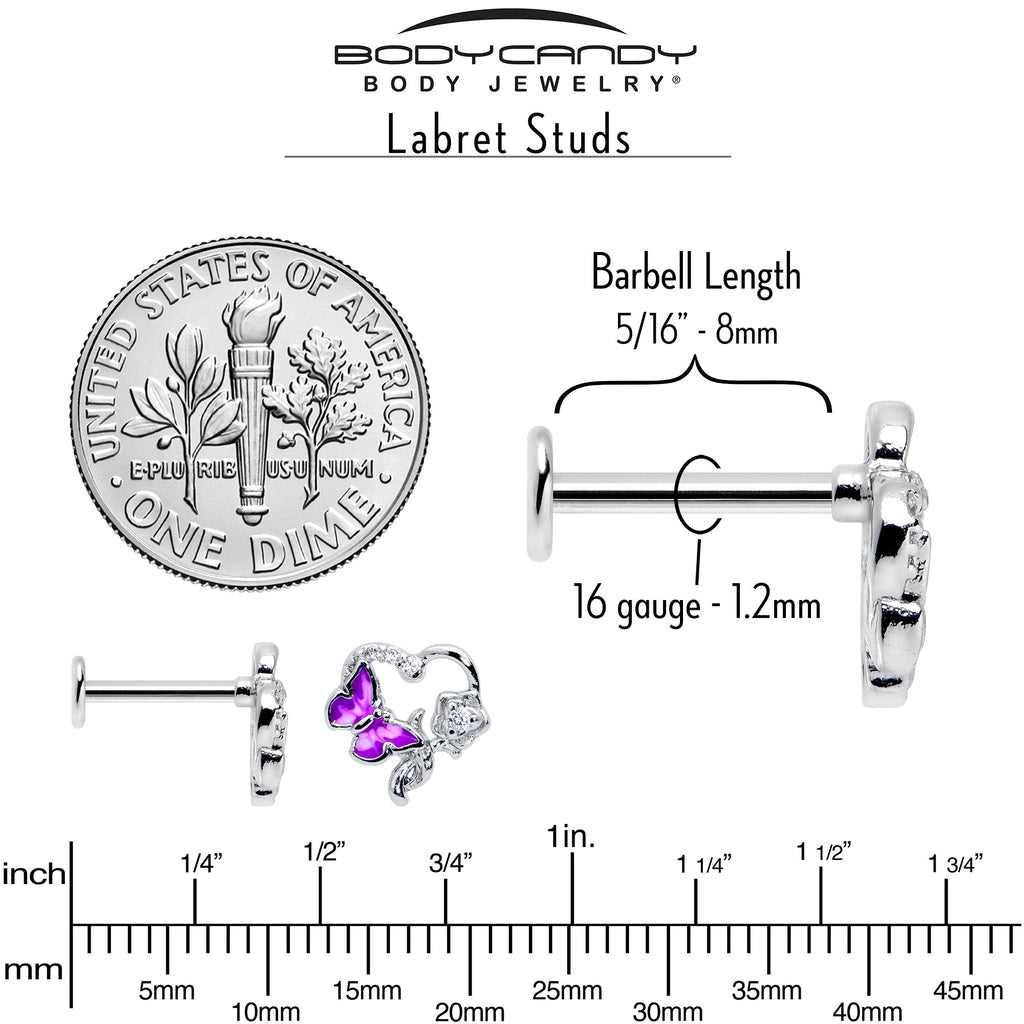 16G 5/16 Clear CZ Gem Butterfly Rose Purple Internally Threaded Labret