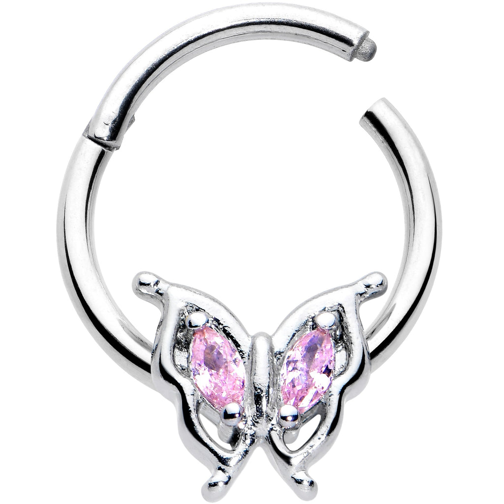 16G 3/8 Pink Gem Fancy Fab Butterfly Hinged Segment Ring