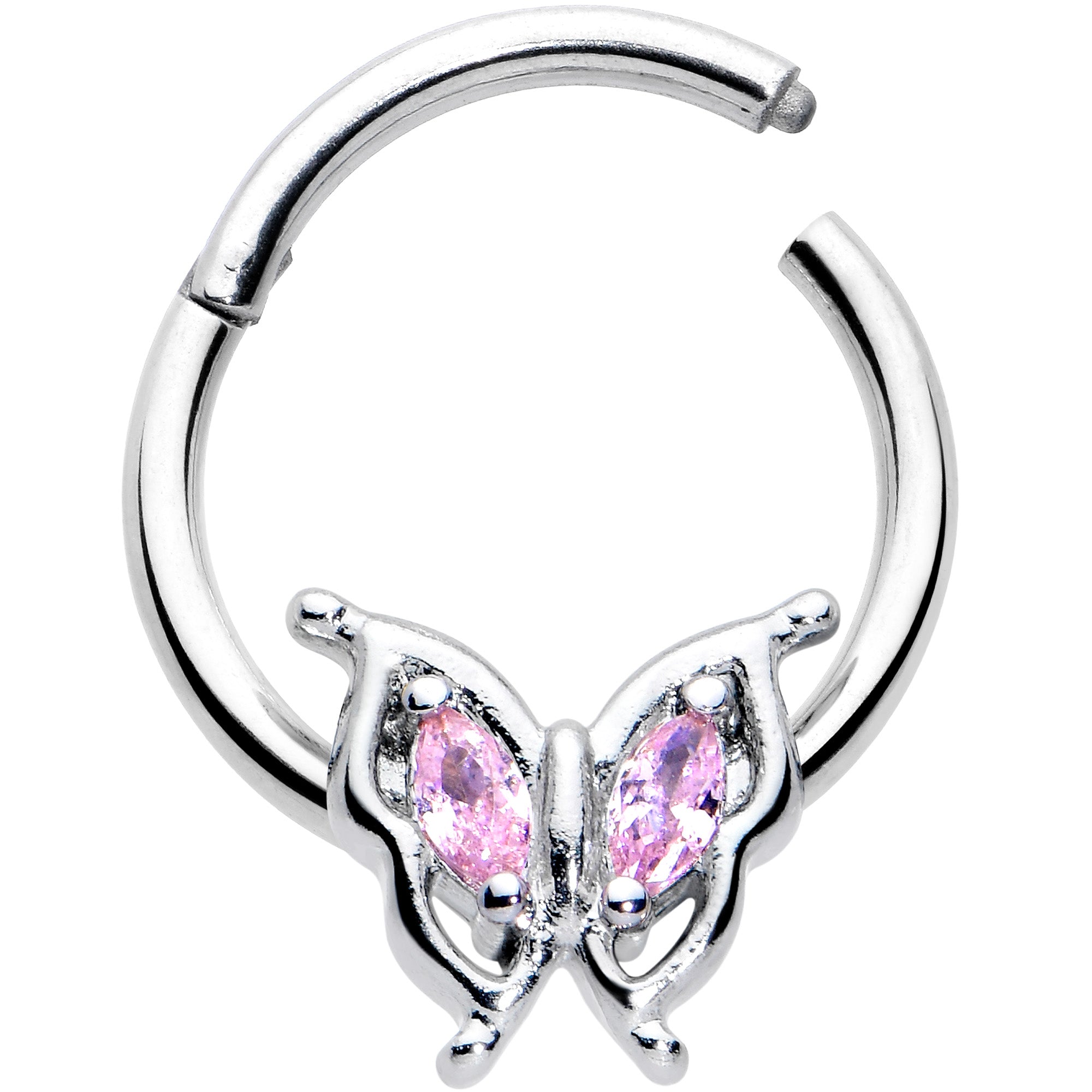 16G 3/8 Pink Gem Fancy Fab Butterfly Hinged Segment Ring