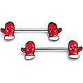 14G 9/16 Winter Mitten Red White Barbell Nipple Ring Set