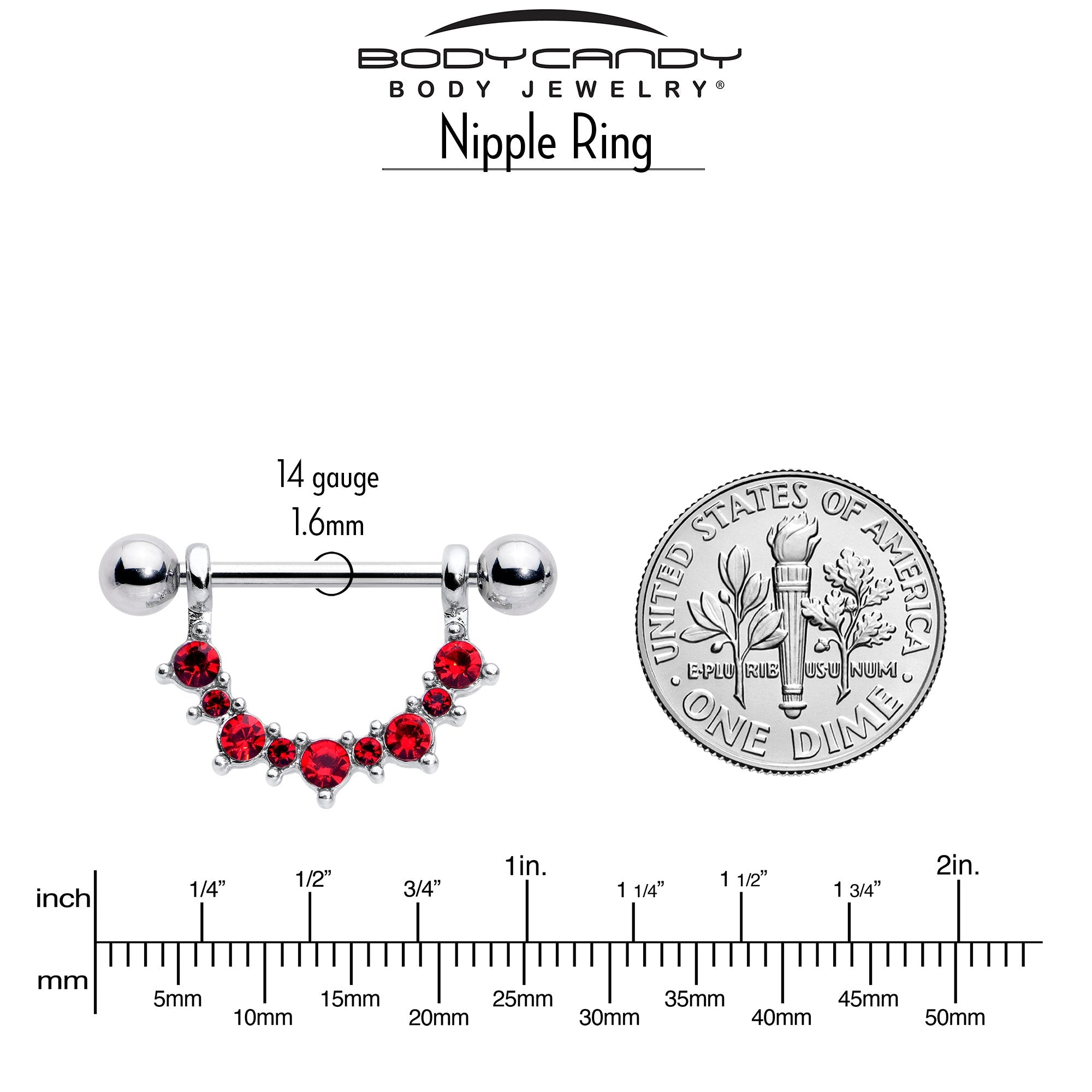 14G 9/16 Red CZ Gem January Birthstone Dangle Nipple Shield Set