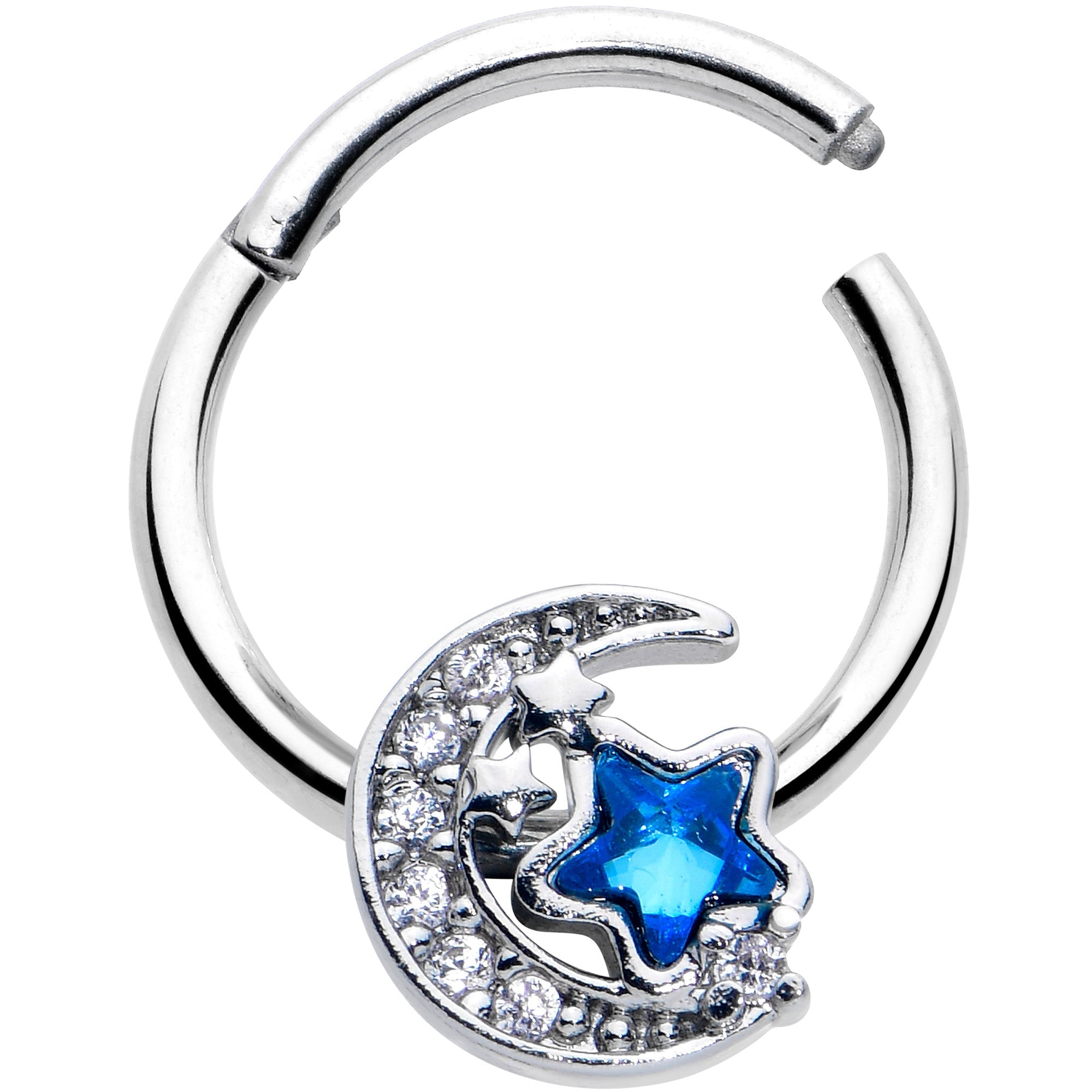 16G 3/8 Blue CZ Gem Starry Night Sky Hinged Segment Ring