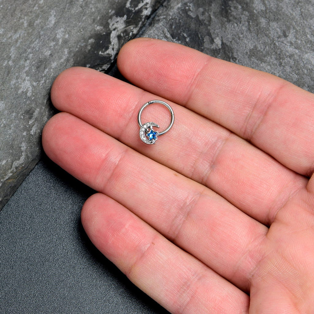 16G 3/8 Blue CZ Gem Starry Night Sky Hinged Segment Ring