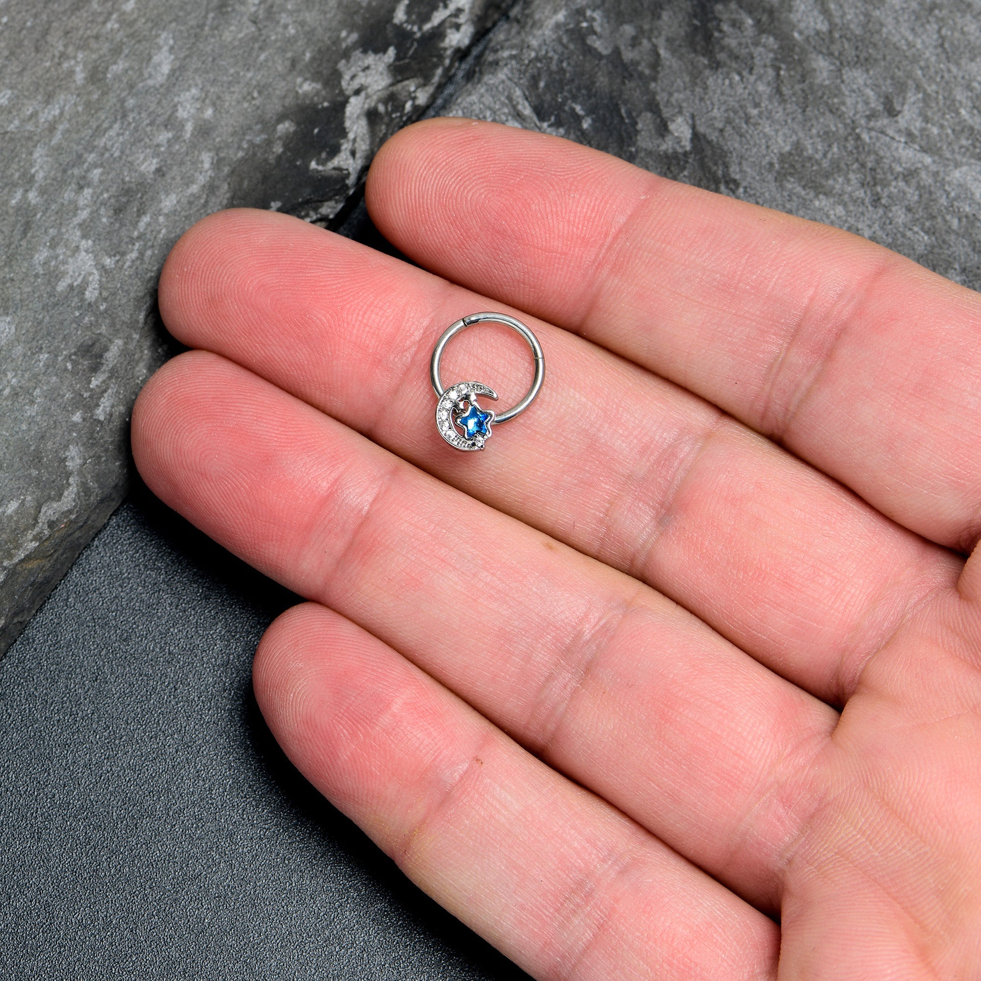 16G 3/8 Blue CZ Gem Starry Night Sky Hinged Segment Ring