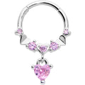 16G 3/8 Pink CZ Gem Love Heart Dangle Hinged Segment Ring