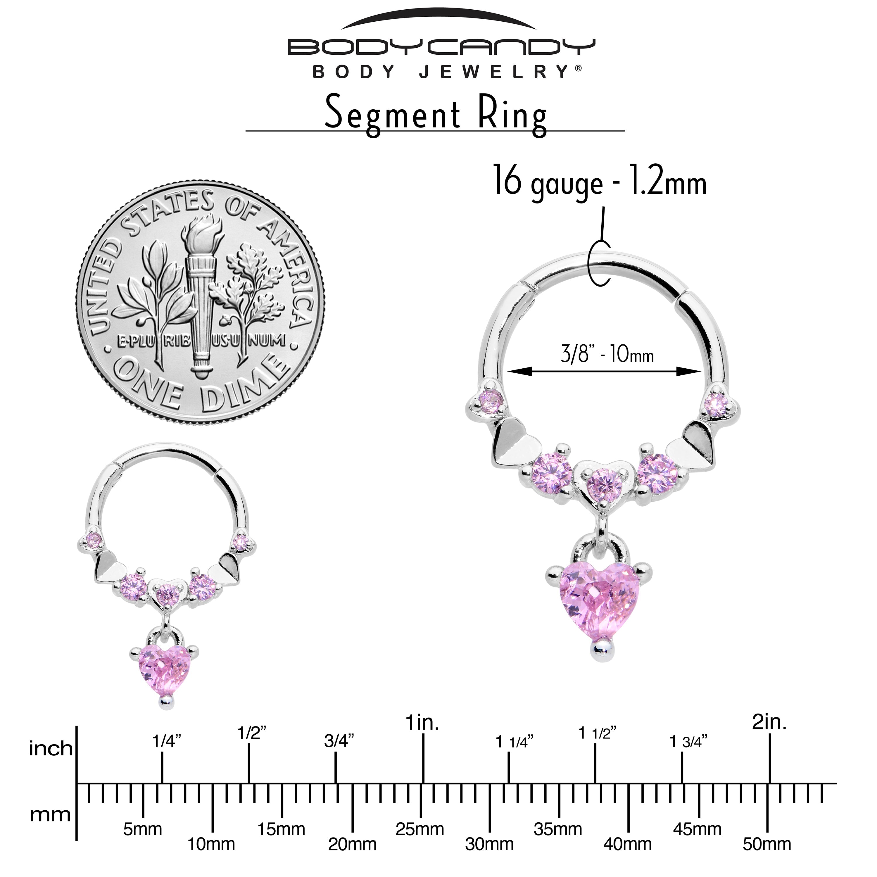 16G 3/8 Pink CZ Gem Love Heart Dangle Hinged Segment Ring