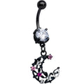 Clear Pink CZ Gem Black Flower Moon Dangle Belly Ring