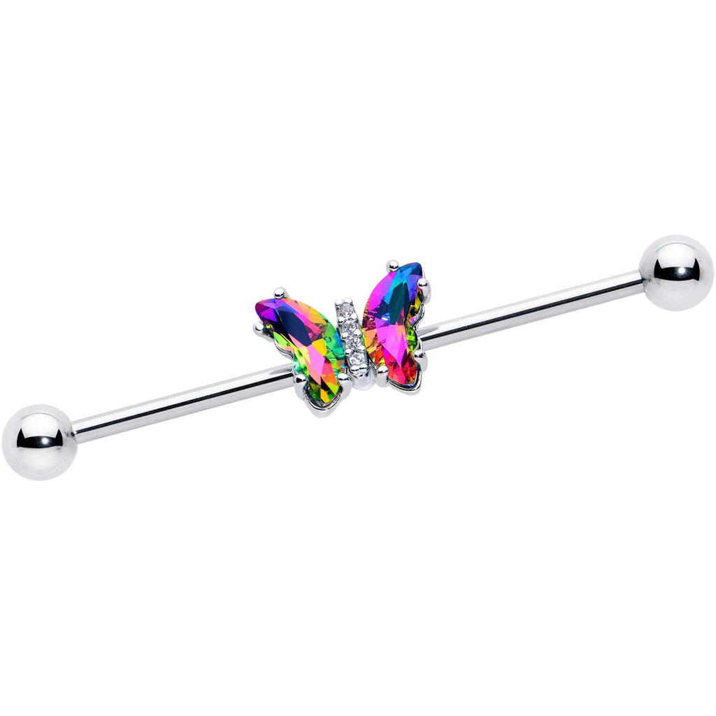 14G Rainbow CZ Gem Simply Colorful Butterfly Industrial Barbell 38mm