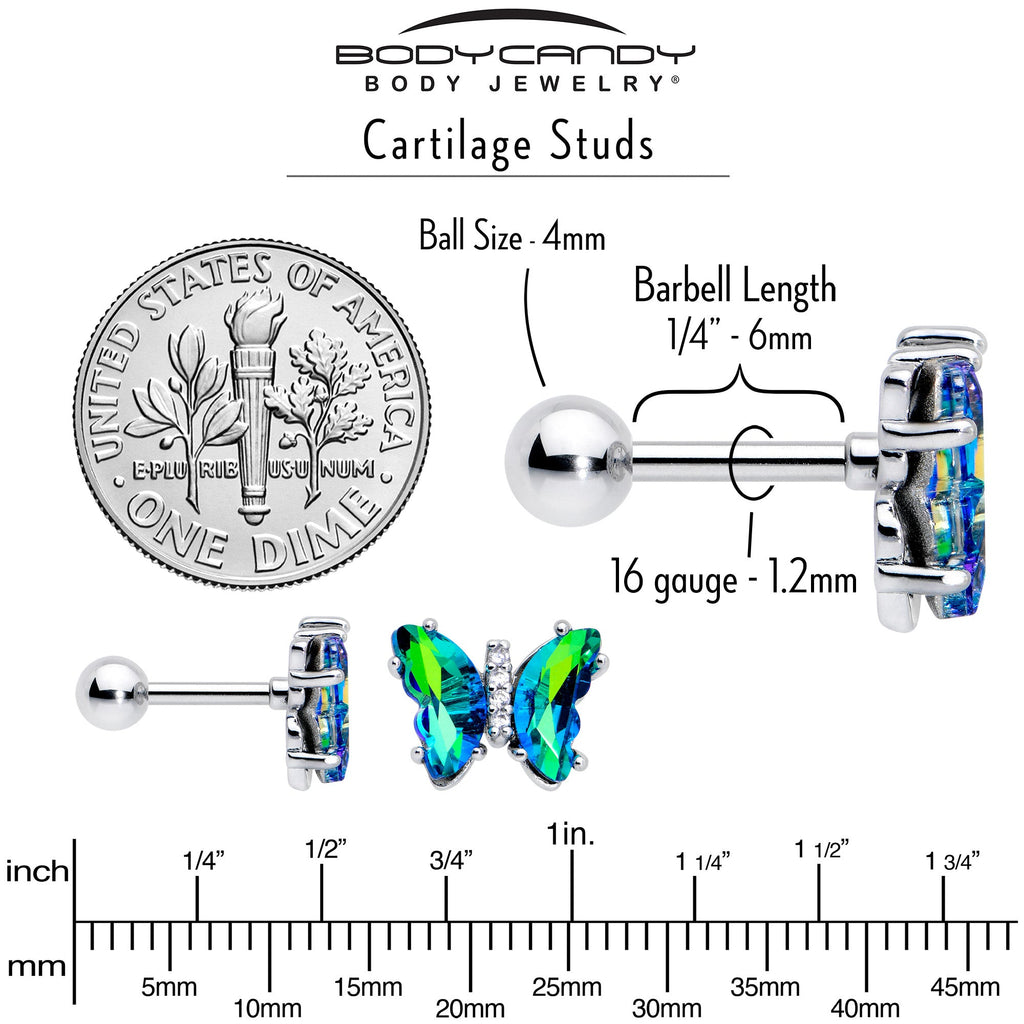 16G 1/4 Green CZ Gem Simply Colorful Butterfly Cartilage Earring