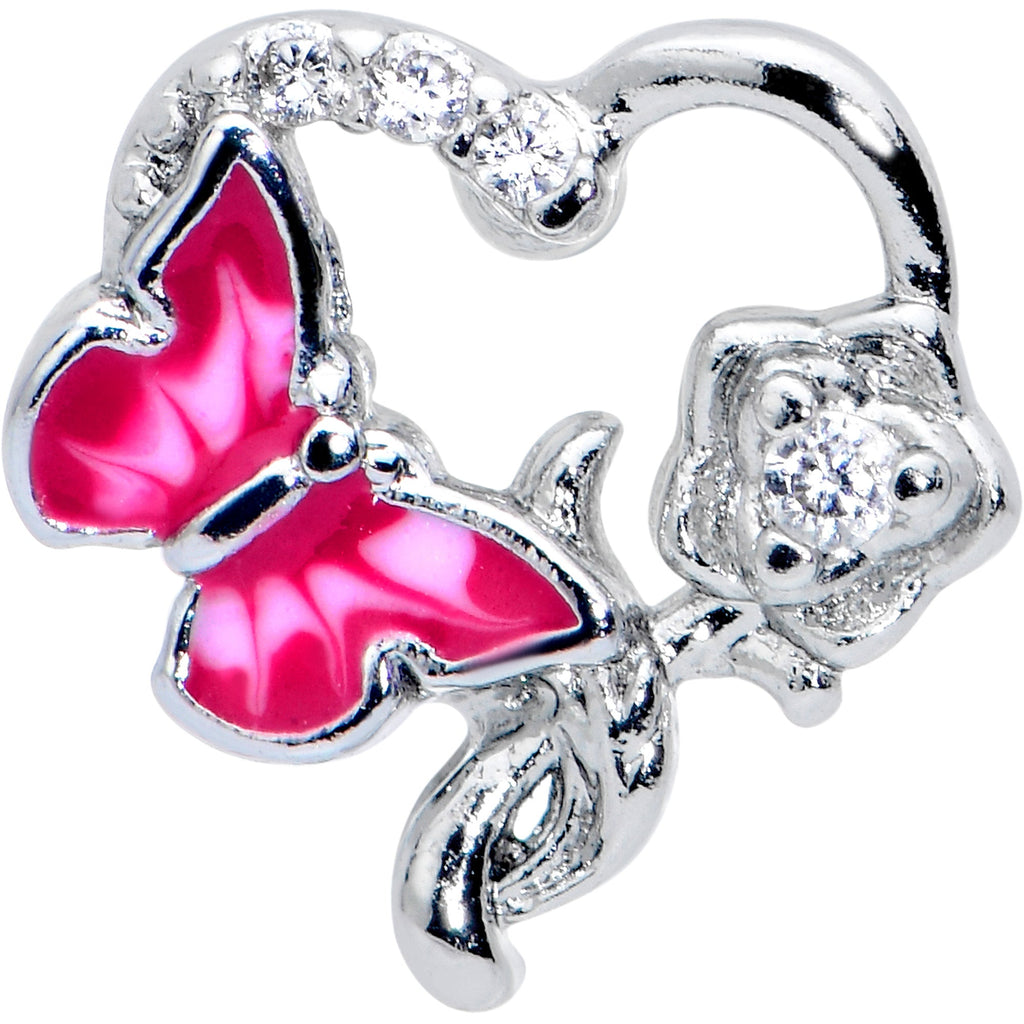 16G 1/4 Clear CZ Gem Butterfly Rose Pink Cartilage Tragus Stud