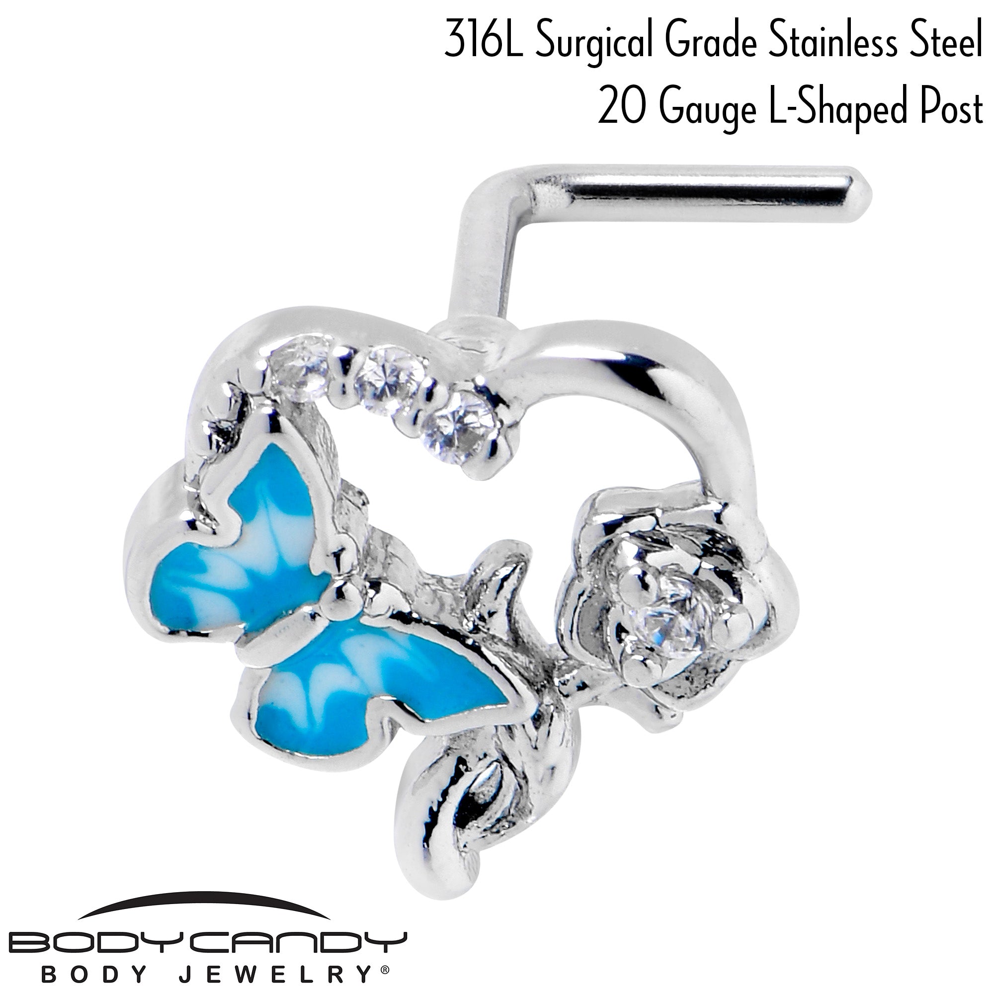 20G 7mm Clear CZ Gem Butterfly Rose Flower Blue L Shape Nose Ring