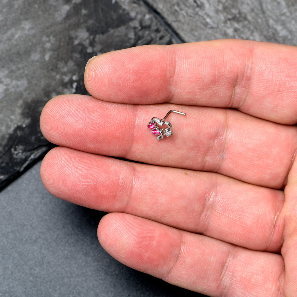 20G 7mm Clear CZ Gem Butterfly Rose Flower Pink L Shape Nose Ring