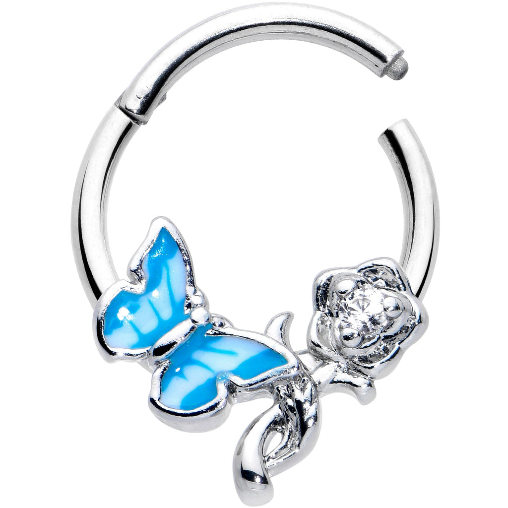 16G 3/8 Clear CZ Gem Butterfly Rose Blue Hinged Segment Ring