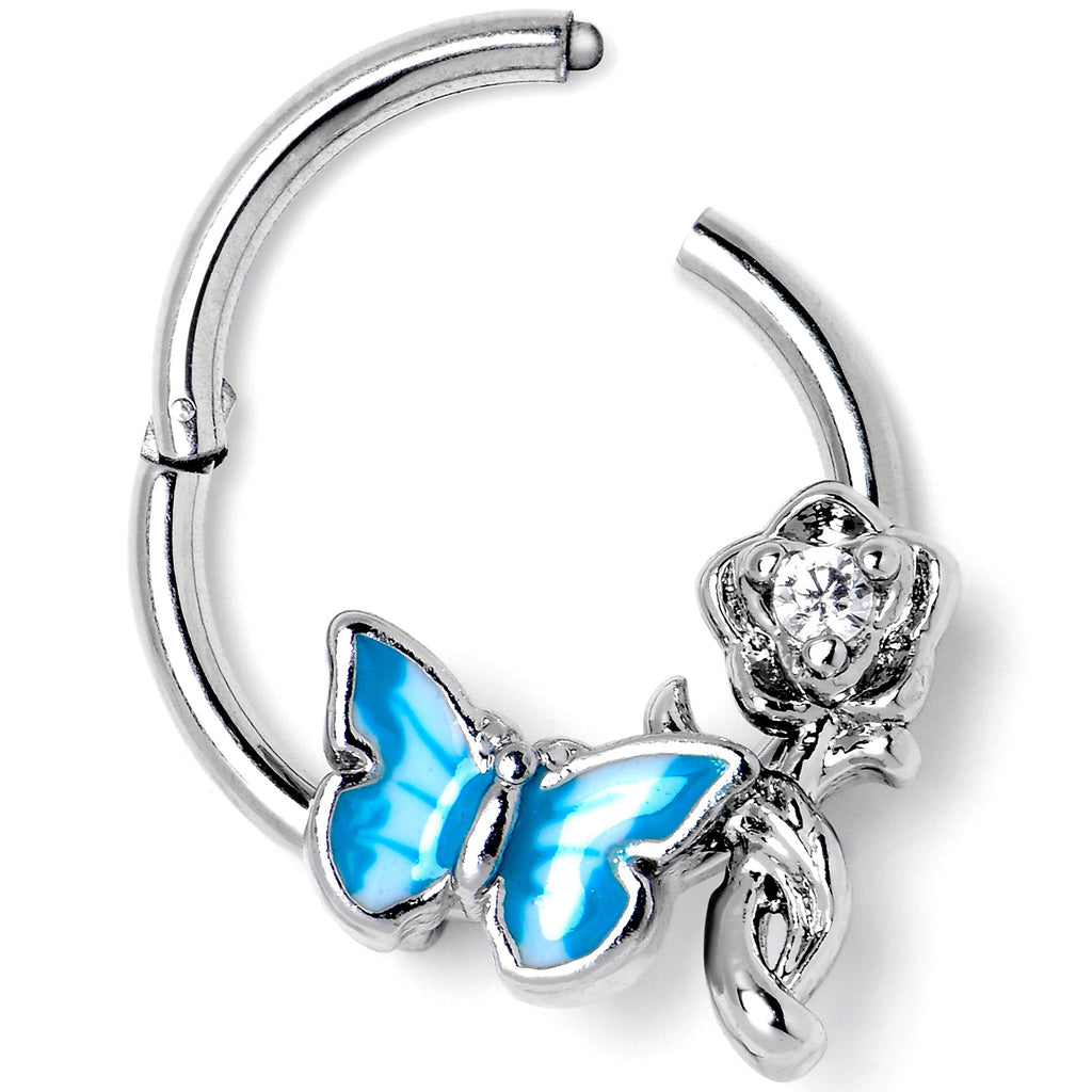 16G 3/8 Clear CZ Gem Butterfly Rose Blue Hinged Segment Ring
