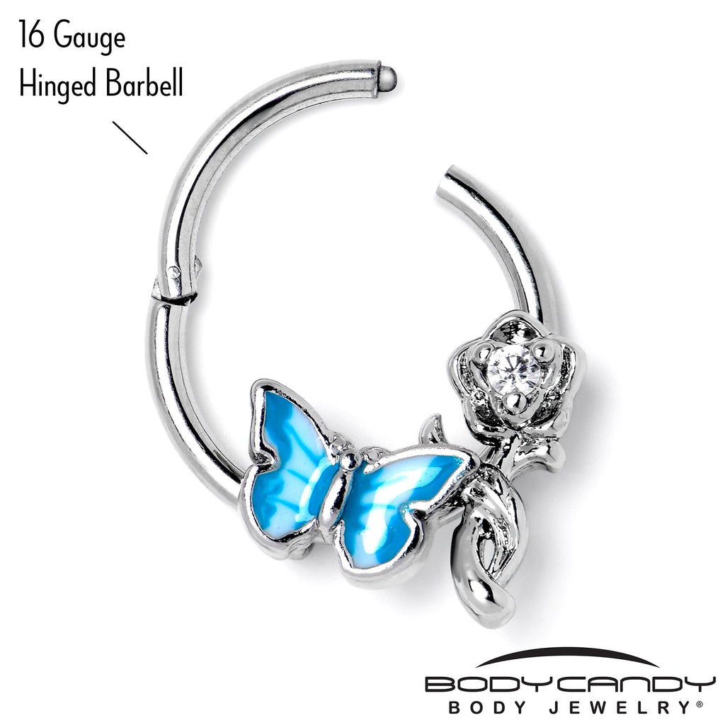 16G 3/8 Clear CZ Gem Butterfly Rose Blue Hinged Segment Ring