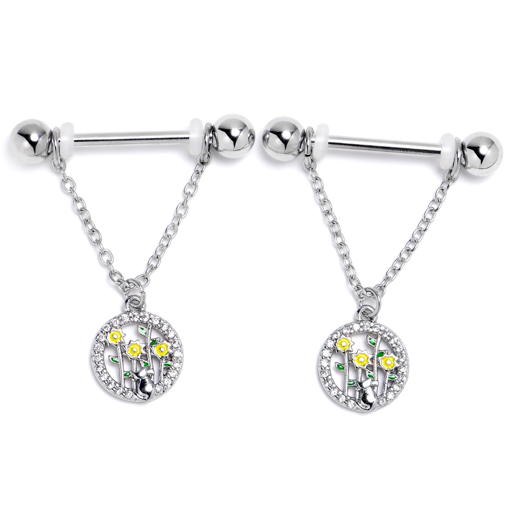 14G 9/16 Clear Gem Cat Yellow Flowers Chain Dangle Nipple Ring Set