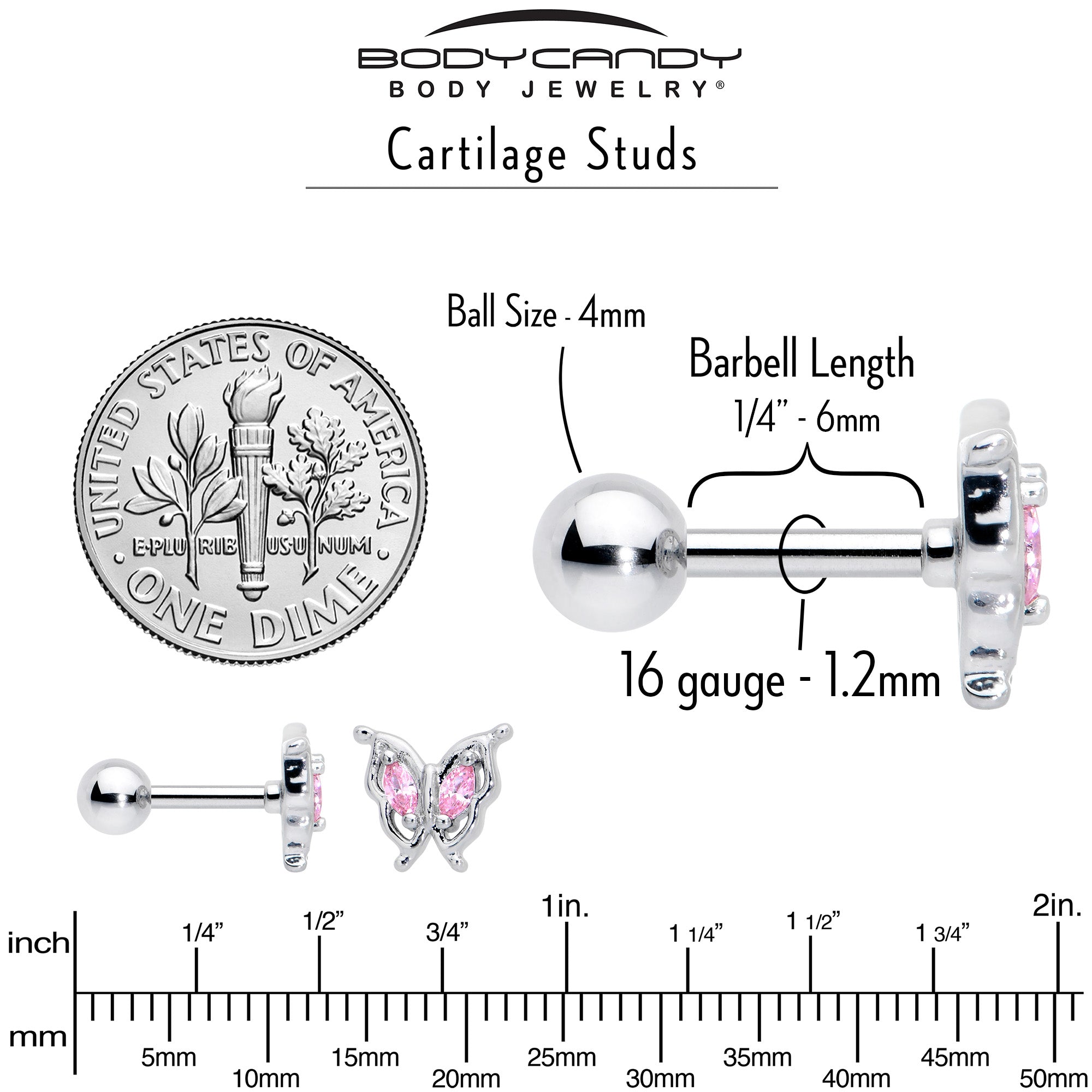 16G 1/4 Pink Gem Fancy Fab Butterfly Cartilage Tragus Earring