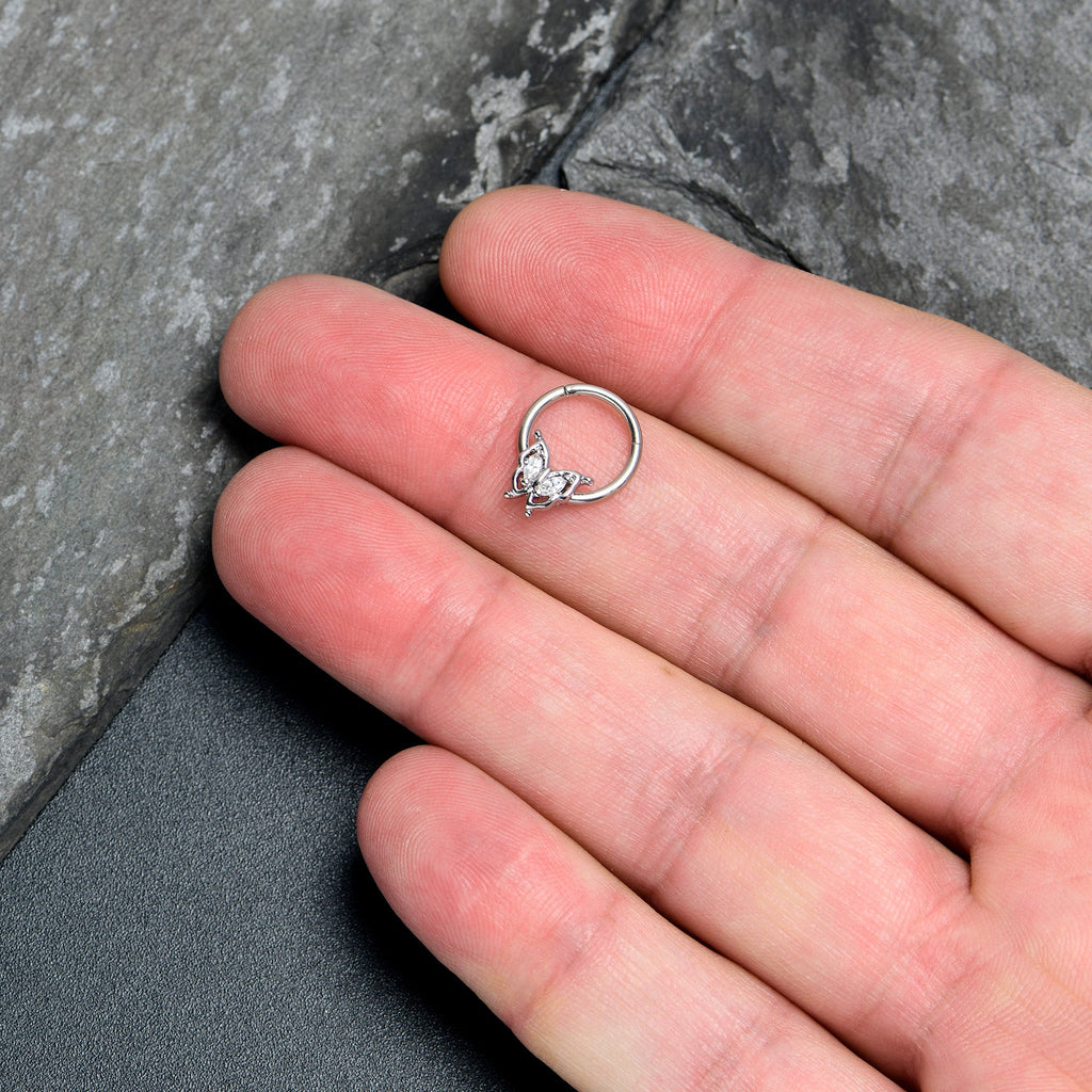 16G 3/8 Clear Gem Fancy Fab Butterfly Hinged Segment Ring