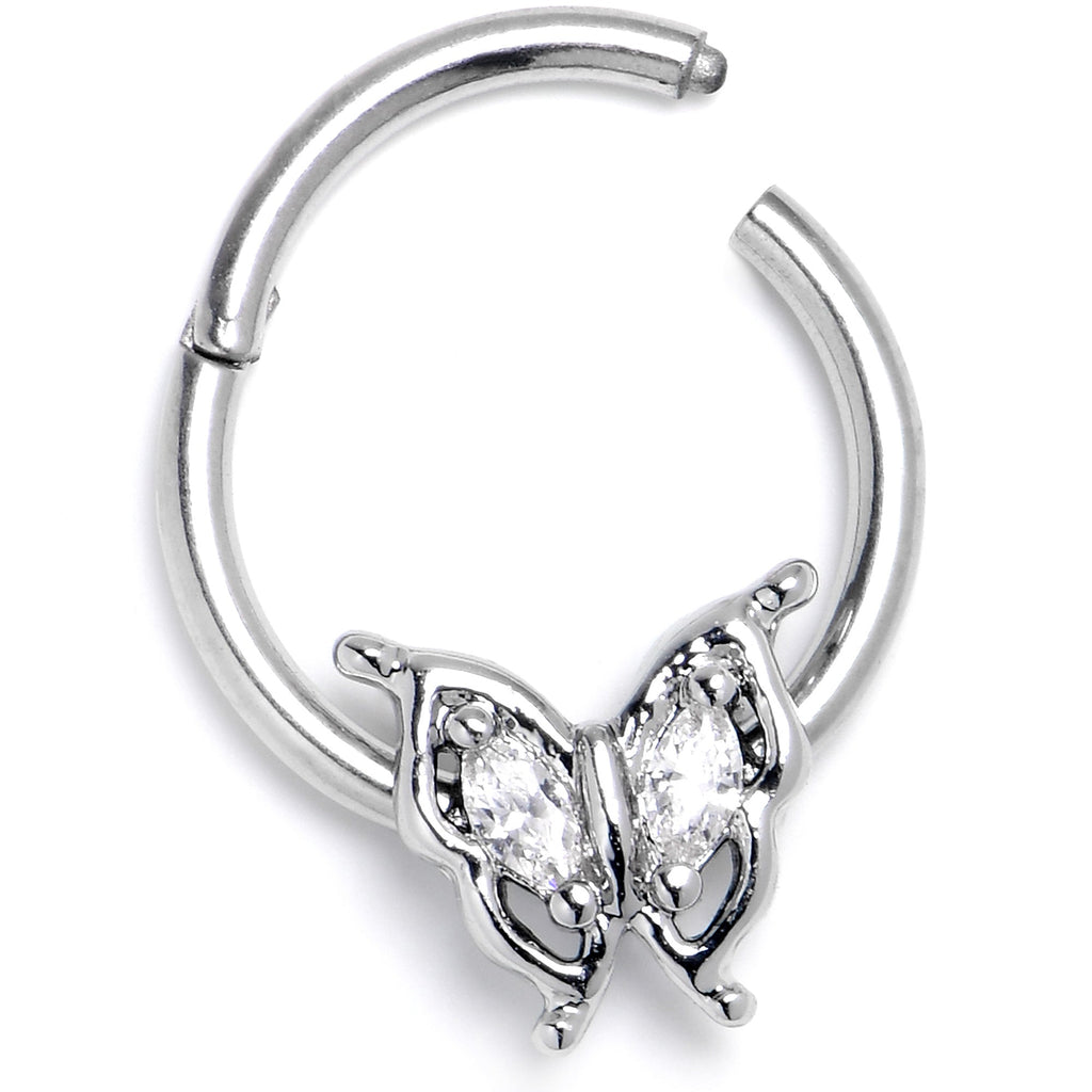16G 3/8 Clear Gem Fancy Fab Butterfly Hinged Segment Ring