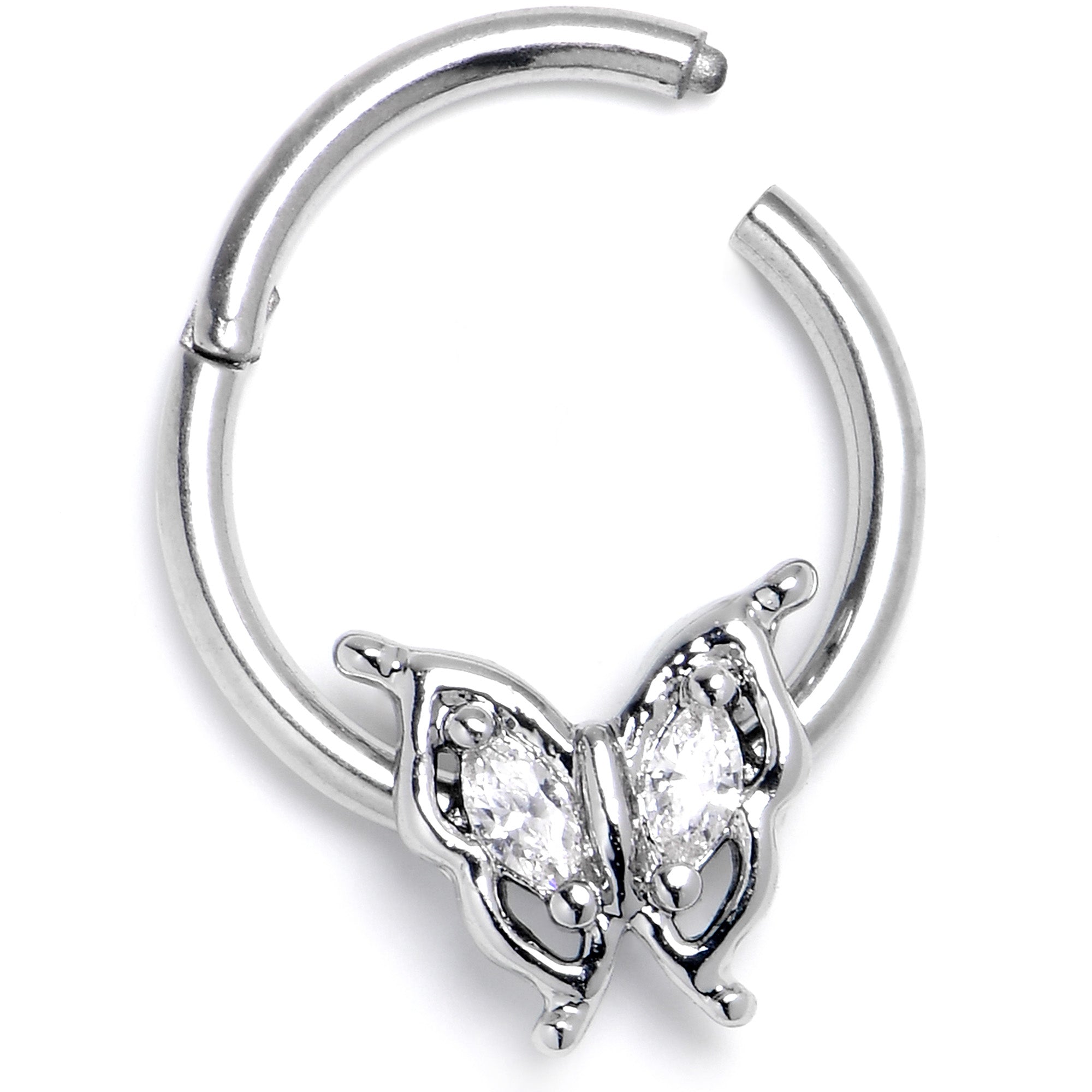 16G 3/8 Clear Gem Fancy Fab Butterfly Hinged Segment Ring