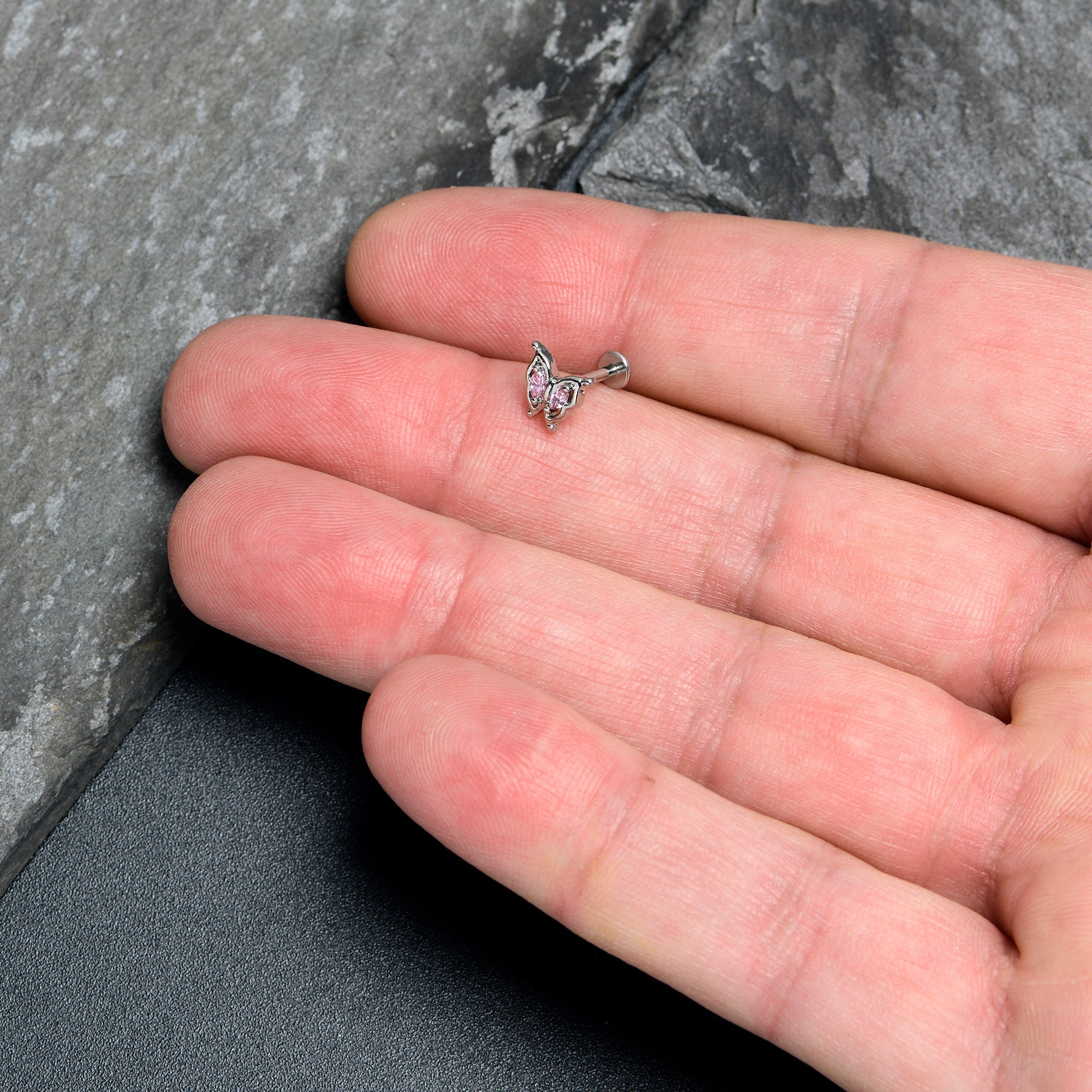 16G 5/16 Pink Gem Fancy Fab Butterfly Internally Threaded Labret
