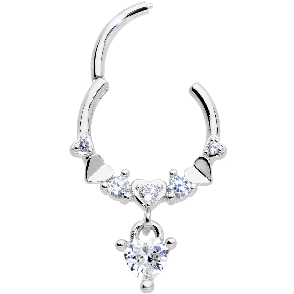 16G 3/8 Clear CZ Gem Love Heart Dangle Hinged Segment Ring