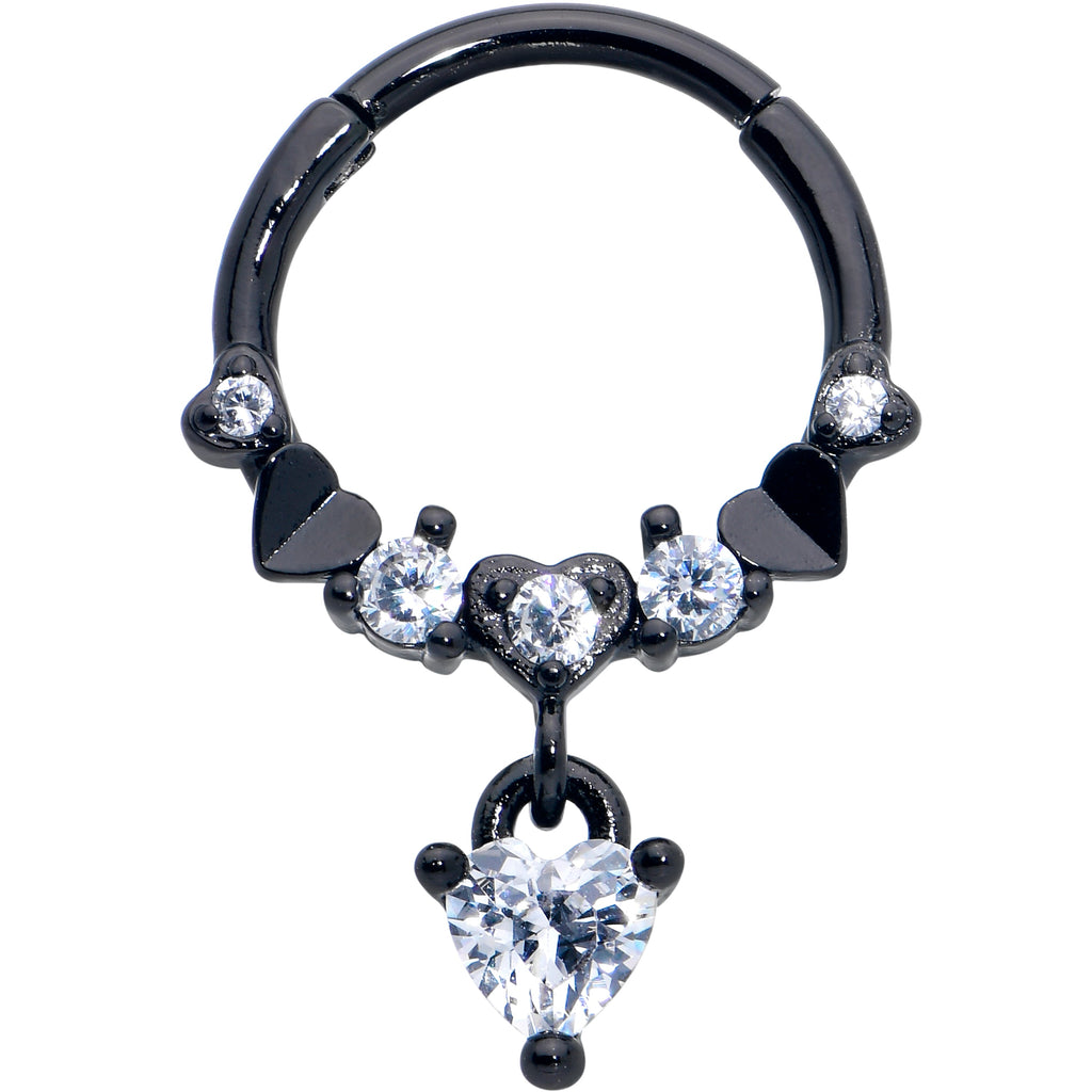 16G 3/8 Clear CZ Gem Black Love Heart Dangle Hinged Segment Ring
