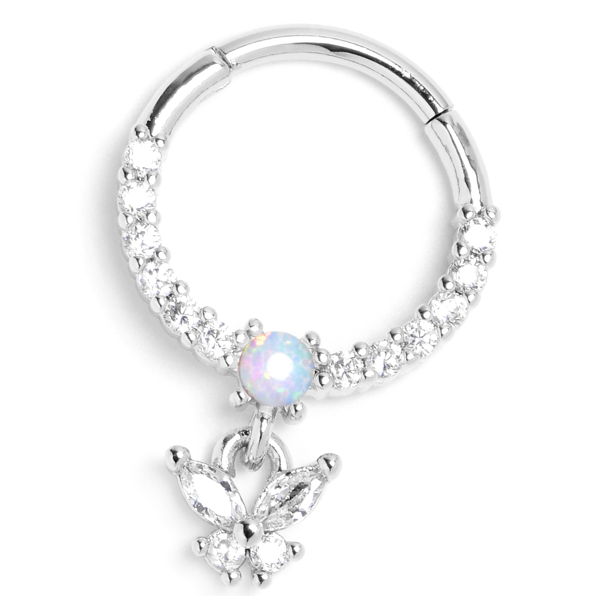 16G 3/8 Blue Synthetic Opal Butterfly Dangle Hinged Segment Ring
