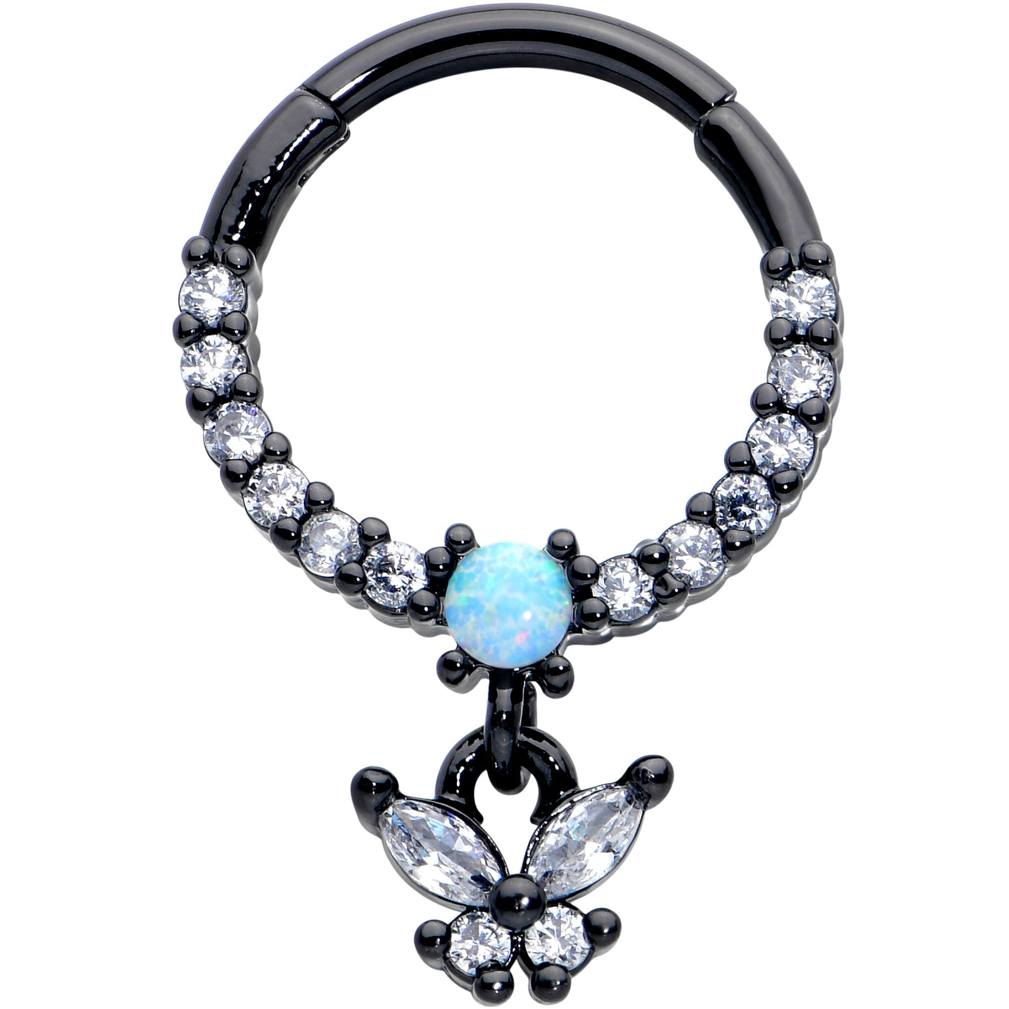 16G 3/8 Blue Synthetic Opal Black Butterfly Hinged Segment Ring