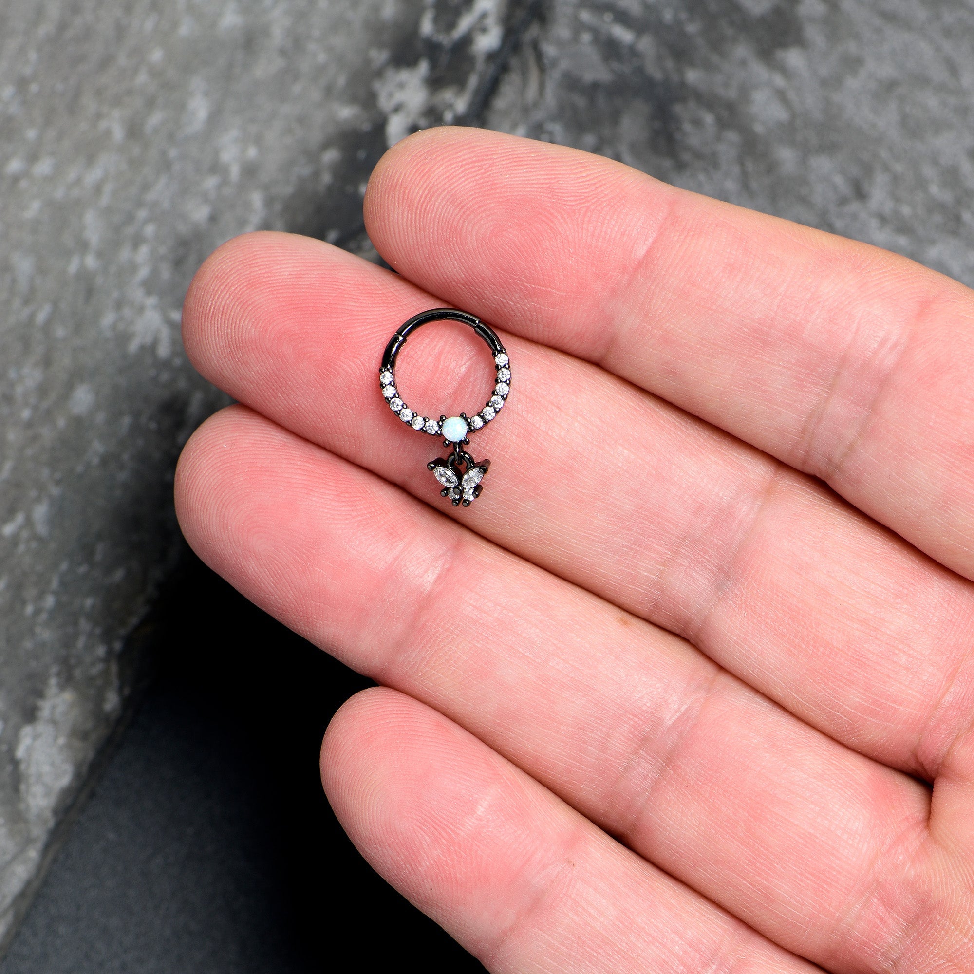 16G 3/8 Blue Synthetic Opal Black Butterfly Hinged Segment Ring