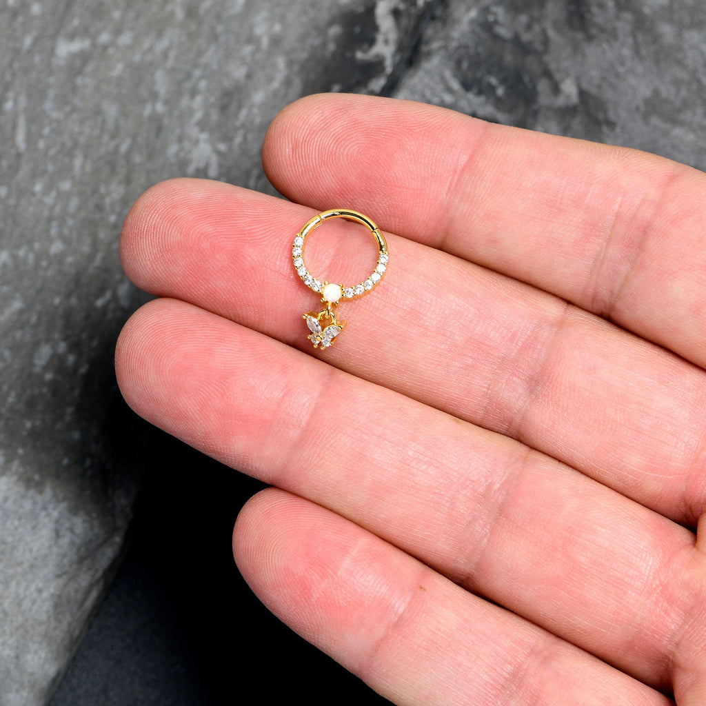 16G 3/8 White Synthetic Opal Gold Tone Butterfly Hinged Segment Ring