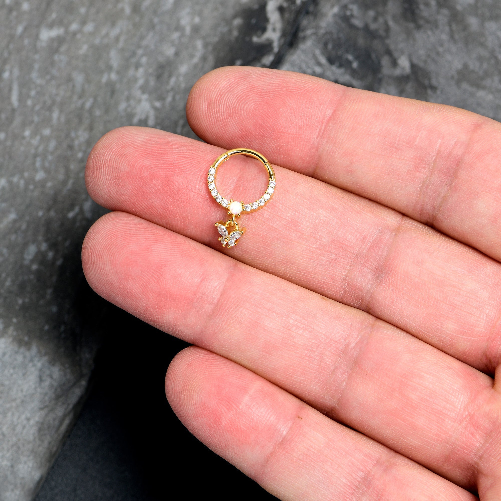16G 3/8 White Synthetic Opal Gold Tone Butterfly Hinged Segment Ring