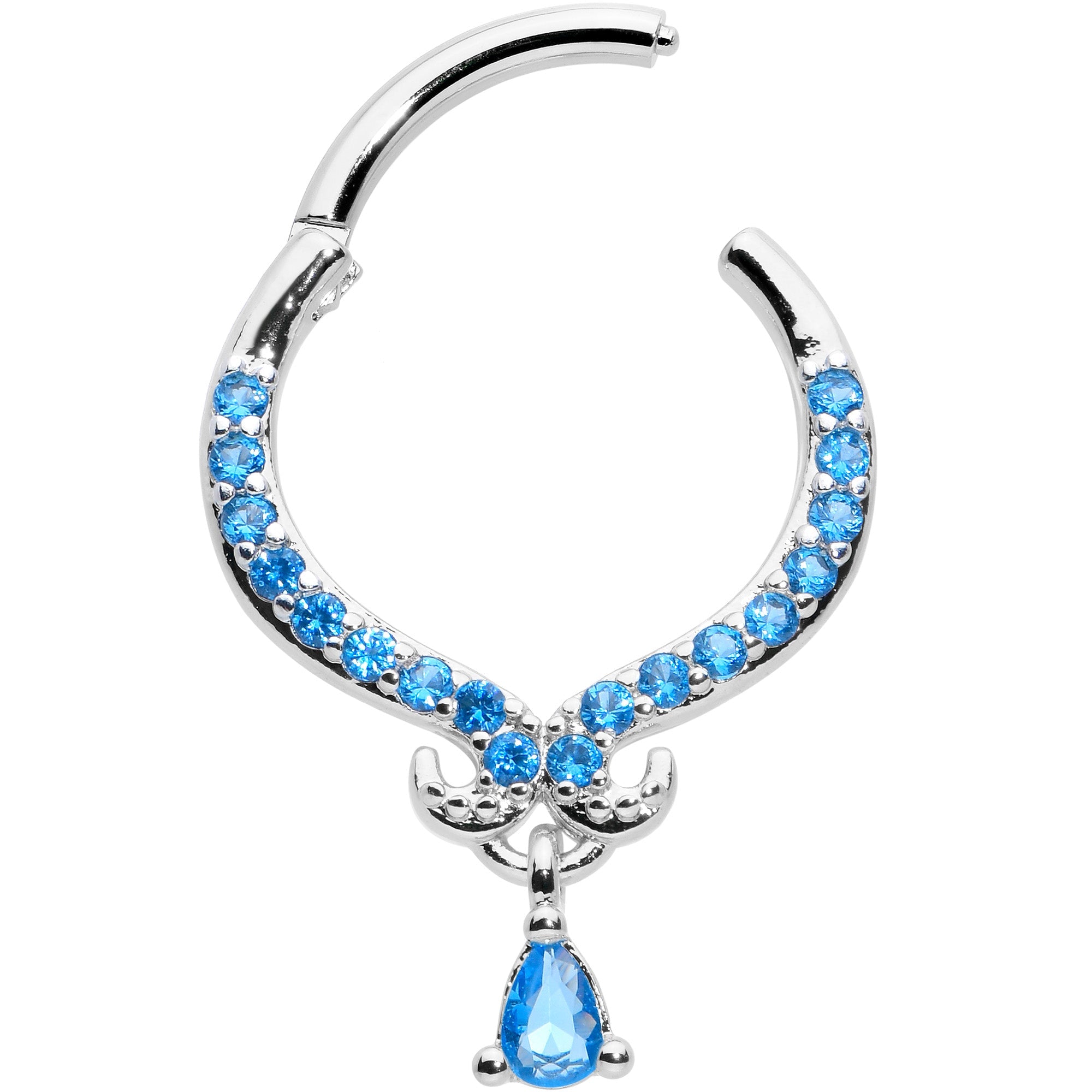 16G 3/8 Blue CZ Gem Elegant Curves Dangle Hinged Segment Ring