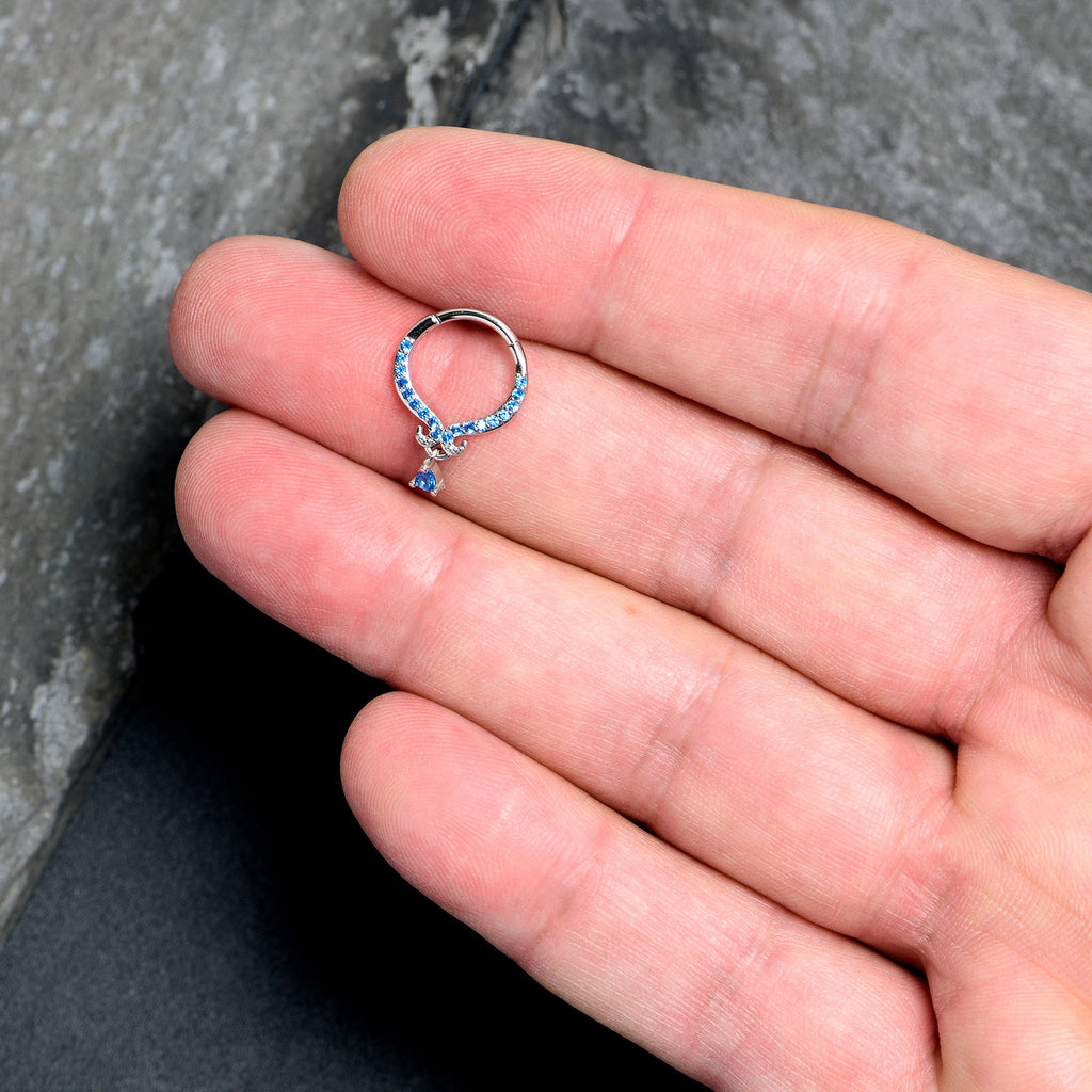 16G 3/8 Blue CZ Gem Elegant Curves Dangle Hinged Segment Ring