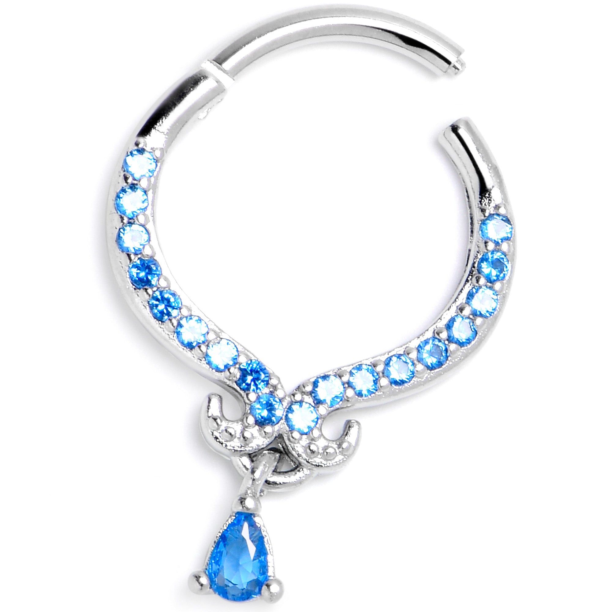 16G 3/8 Blue CZ Gem Elegant Curves Dangle Hinged Segment Ring