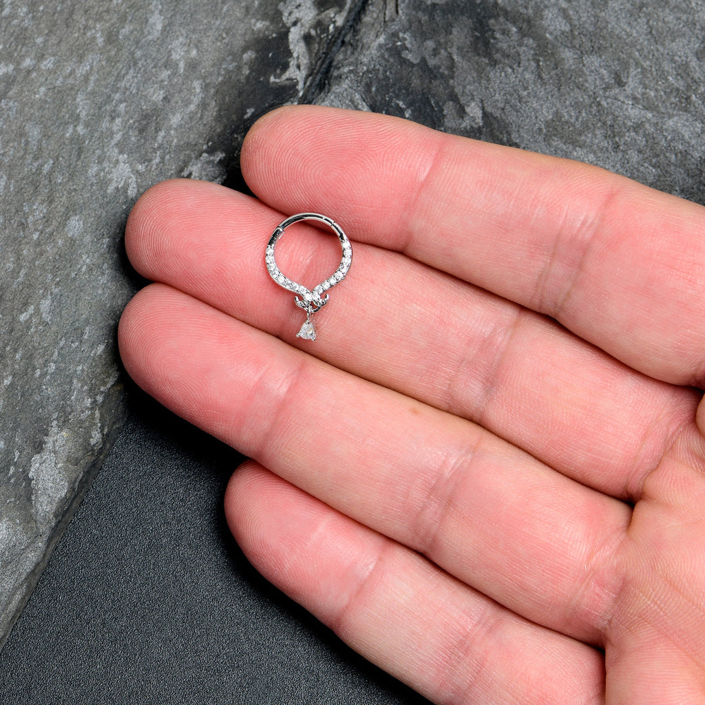 16G 3/8 Clear CZ Gem Elegant Curves Dangle Hinged Segment Ring