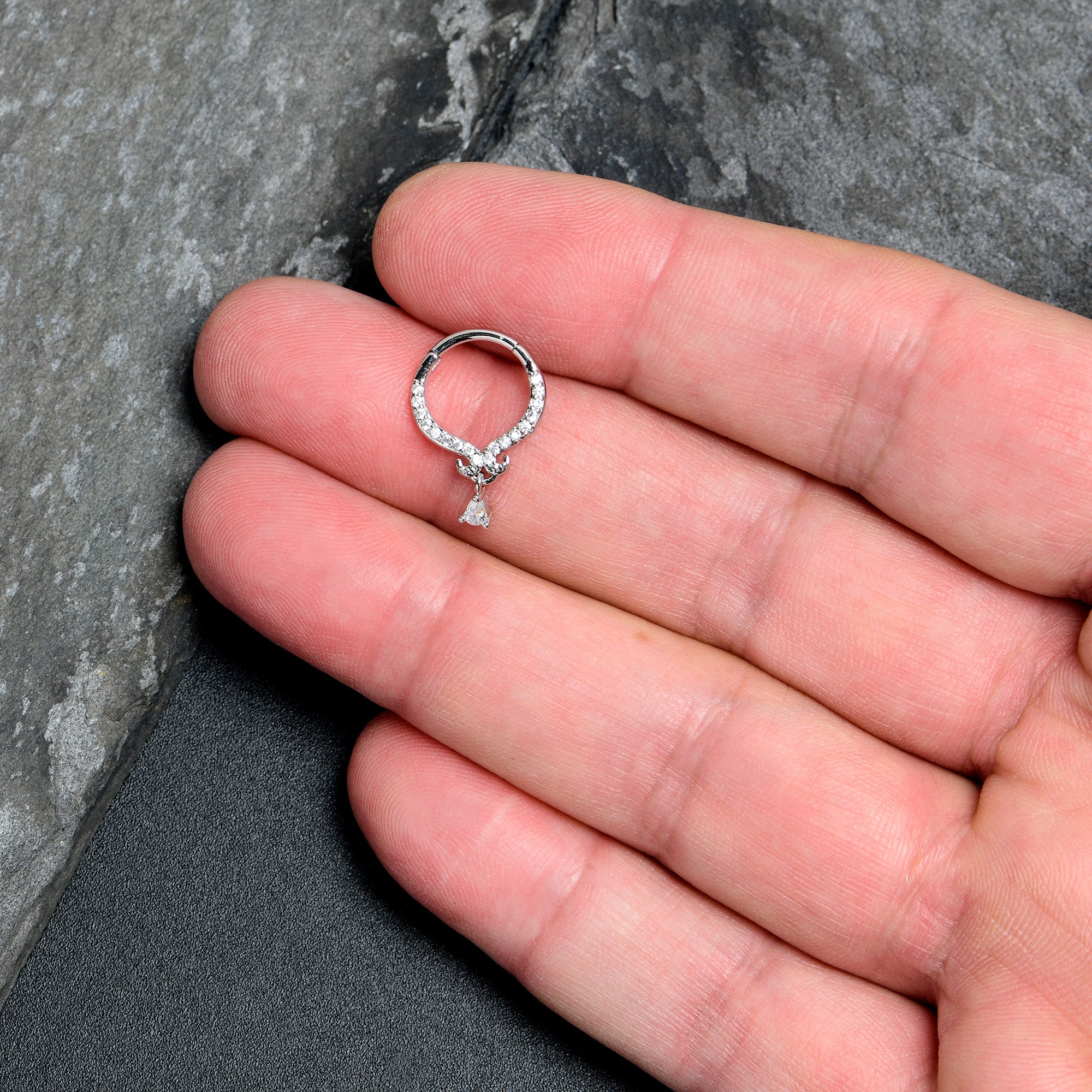 16G 3/8 Clear CZ Gem Elegant Curves Dangle Hinged Segment Ring
