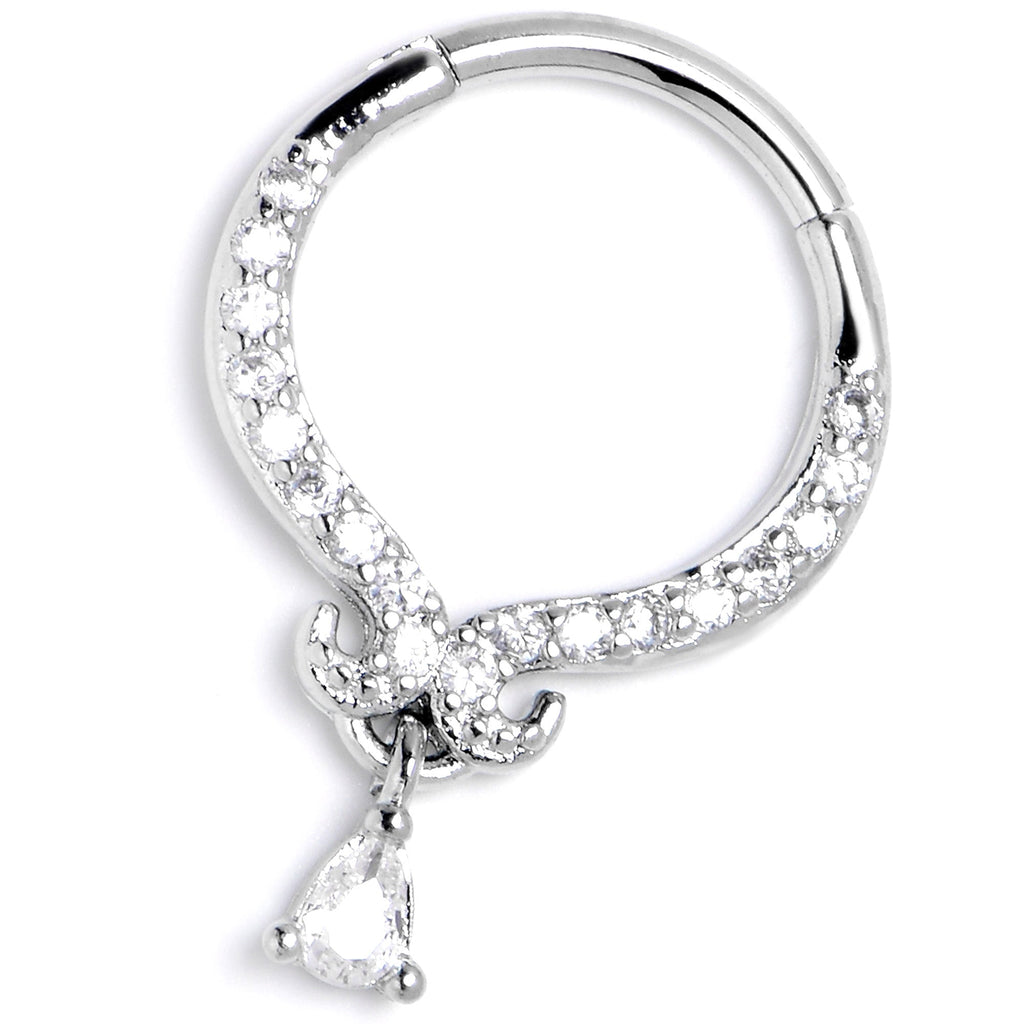 16G 3/8 Clear CZ Gem Elegant Curves Dangle Hinged Segment Ring