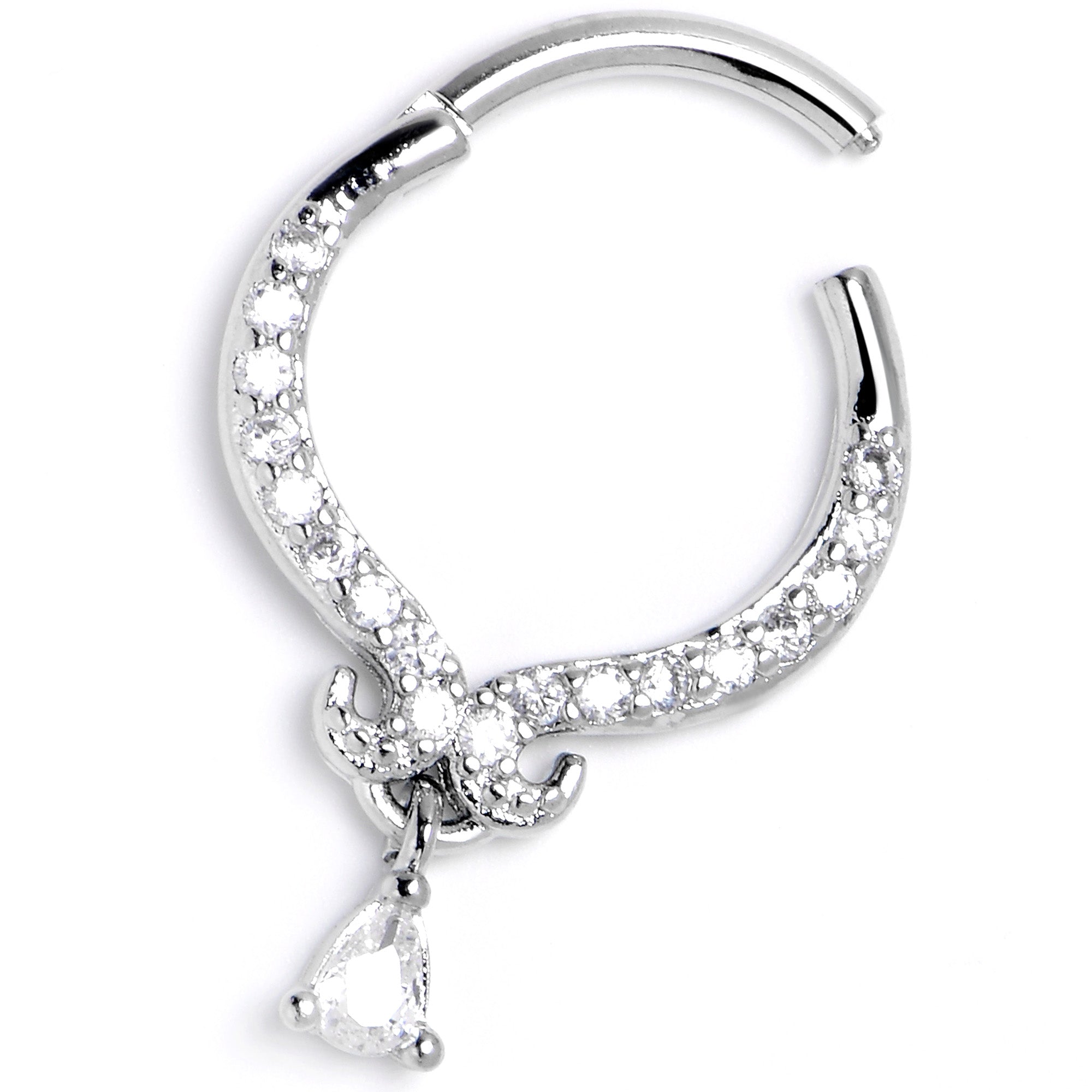16G 3/8 Clear CZ Gem Elegant Curves Dangle Hinged Segment Ring